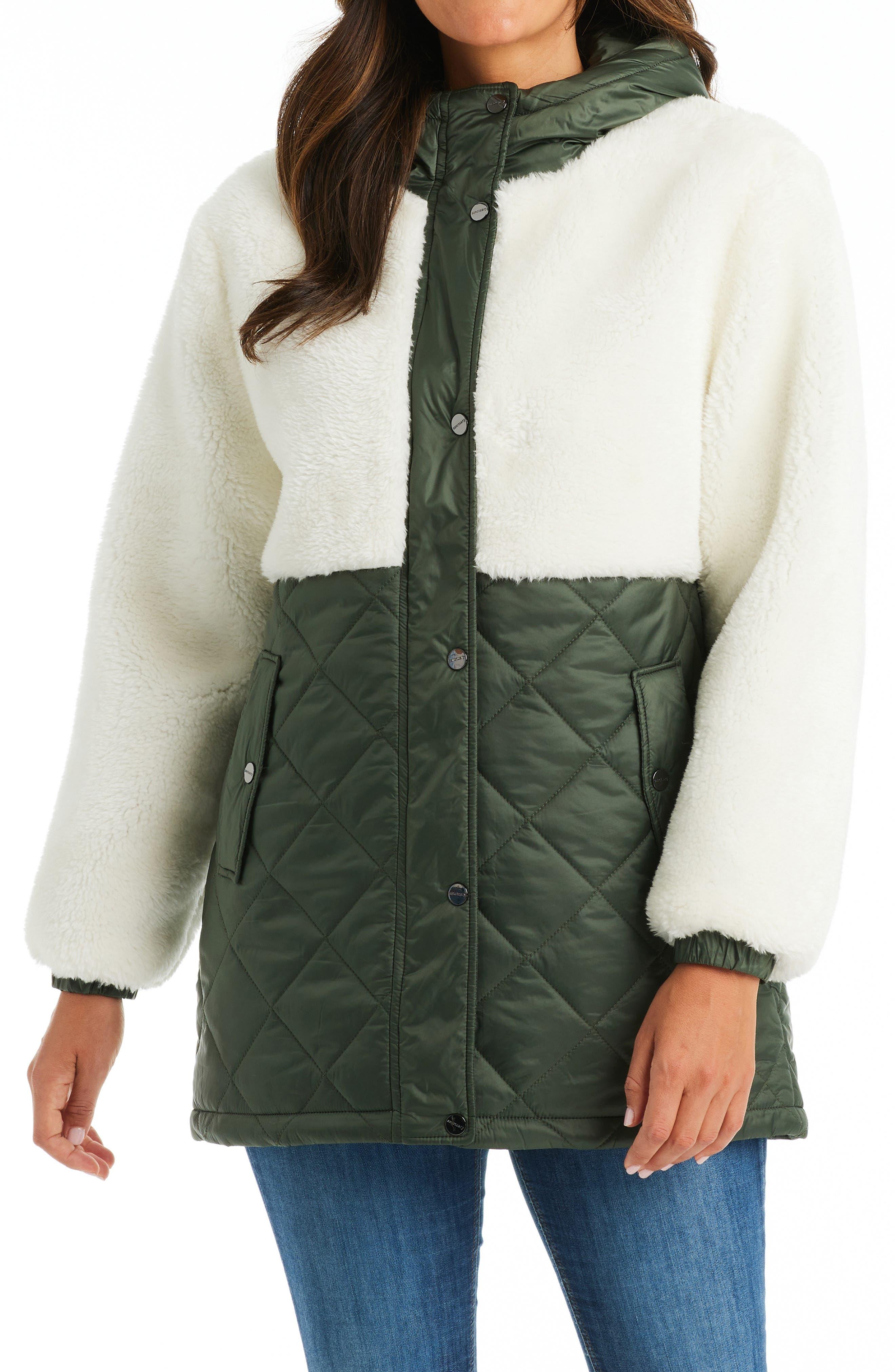 Sanctuary Mixed Media Faux Shearling Quilted Coat in Green Lyst