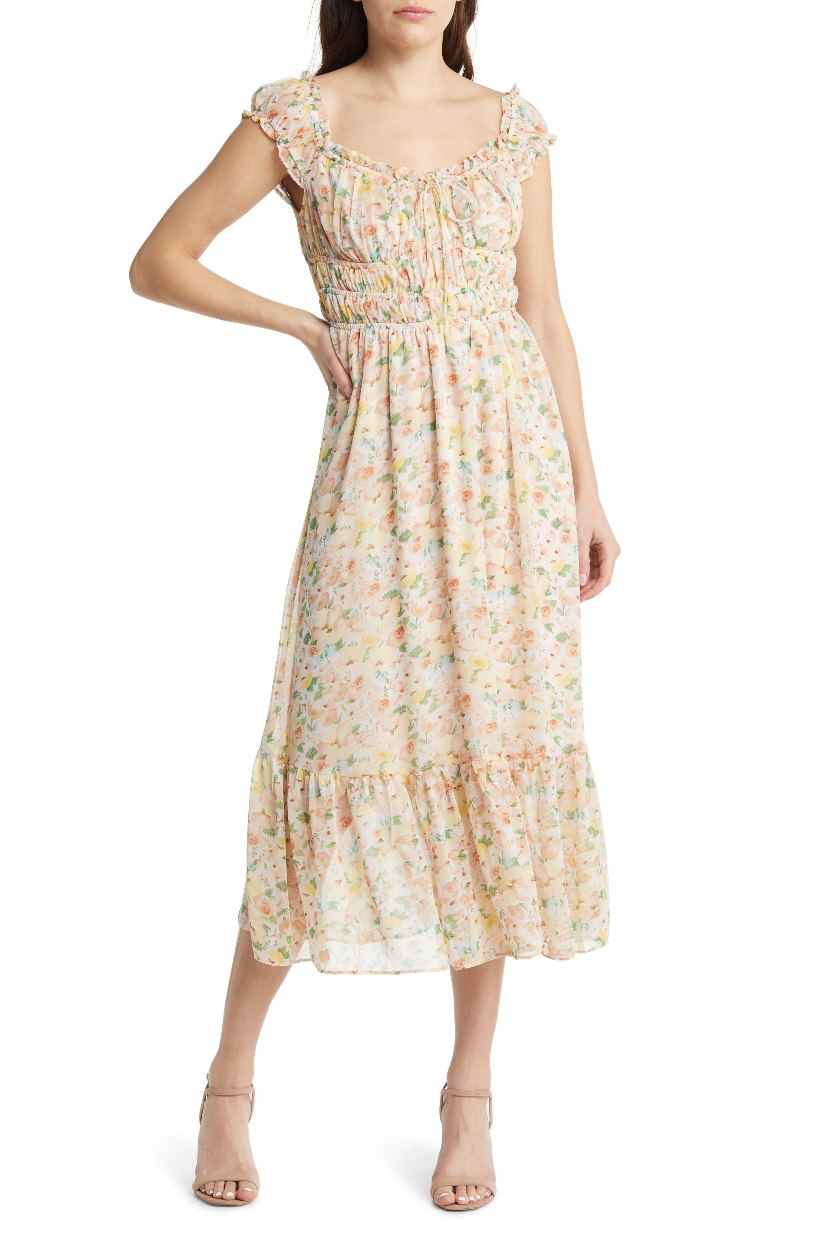 FLORET STUDIOS Emma Floral Cap Sleeve Dress in Natural Lyst