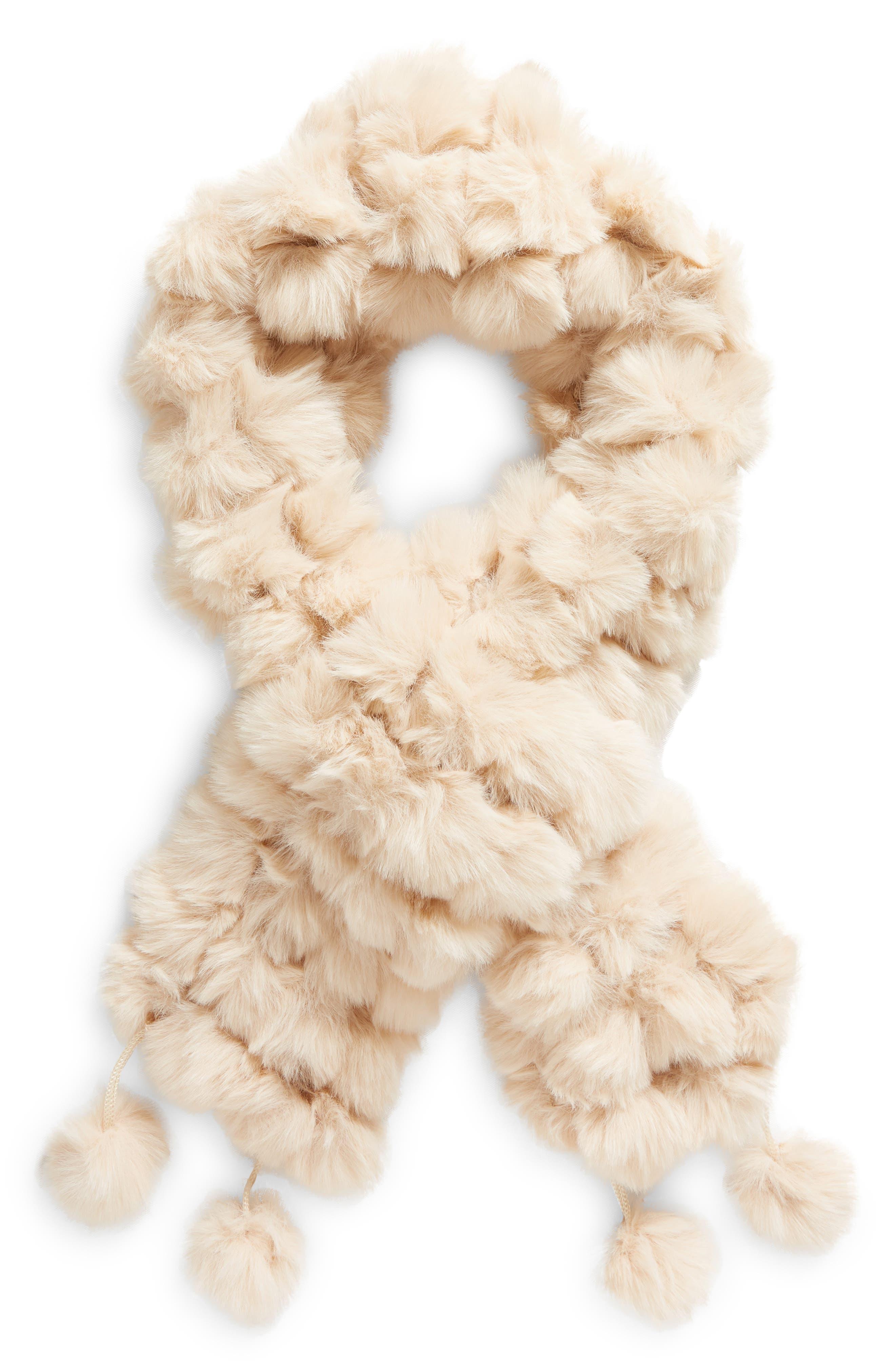 La Fiorentina Faux Fur Pompom Muffler Scarf in Natural | Lyst