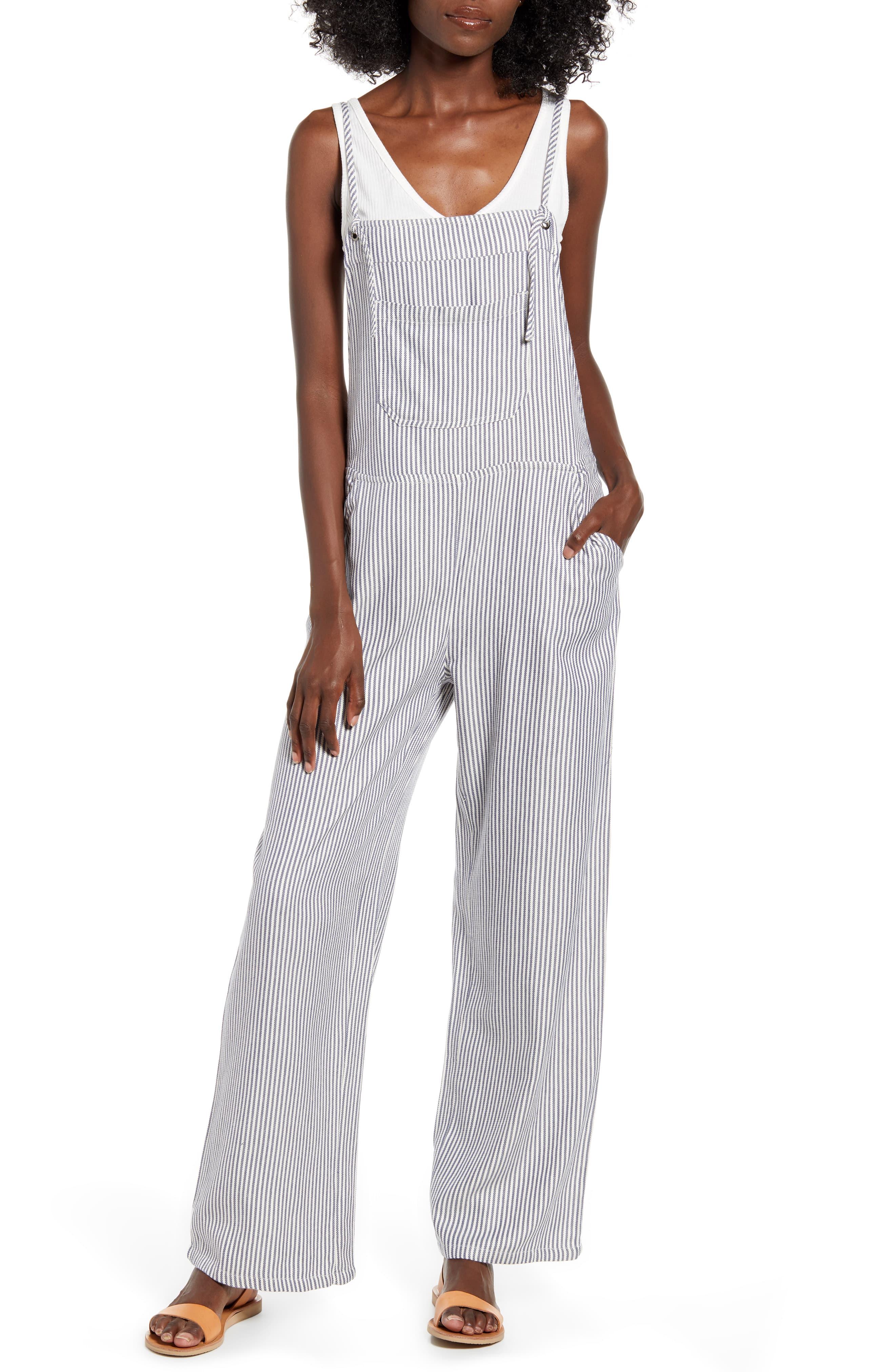 wild honey pinstripe flared dungaree jumpsuit