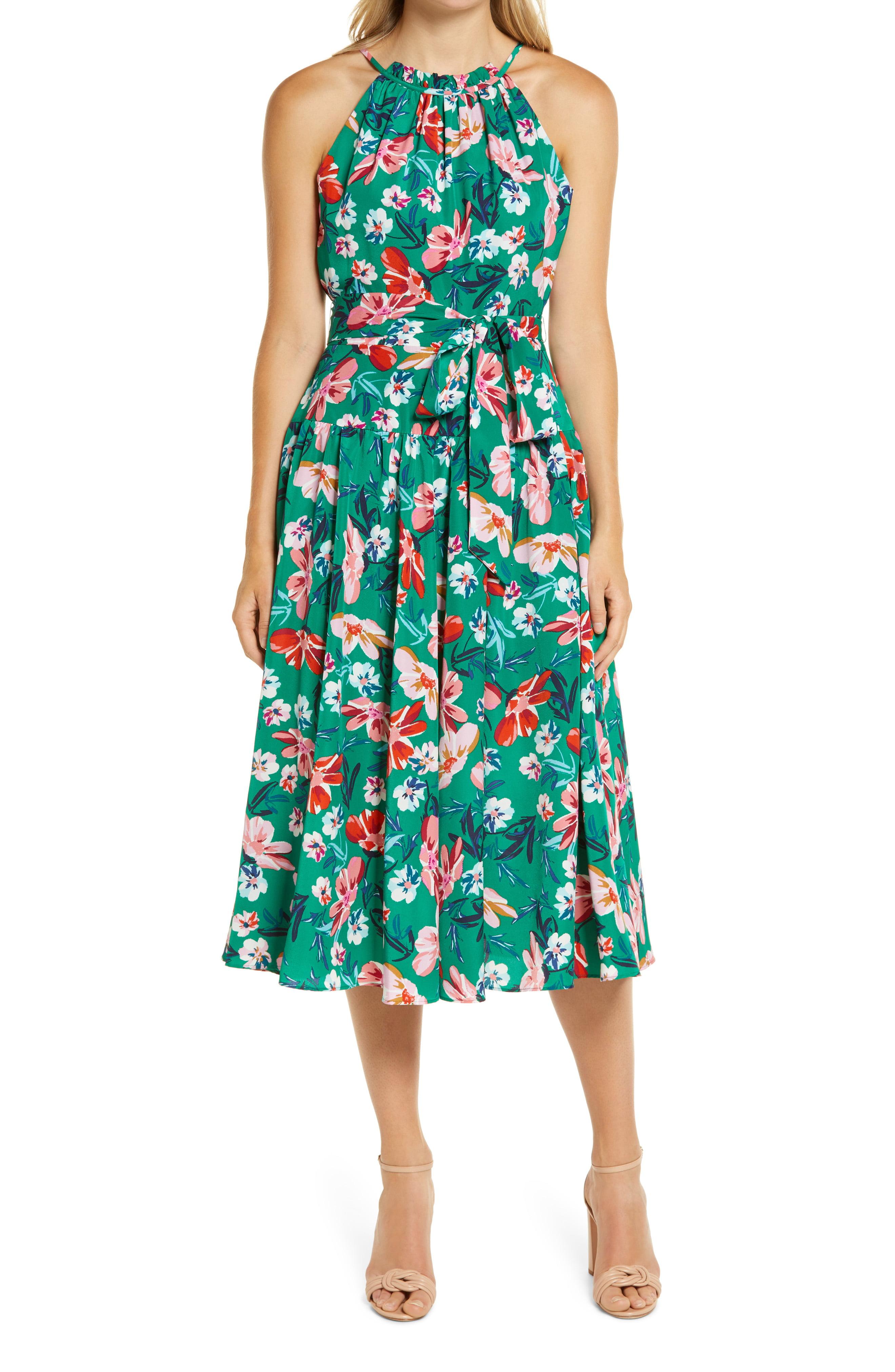 Eliza J Floral Print Halter Neck Belted Dress in Green Lyst