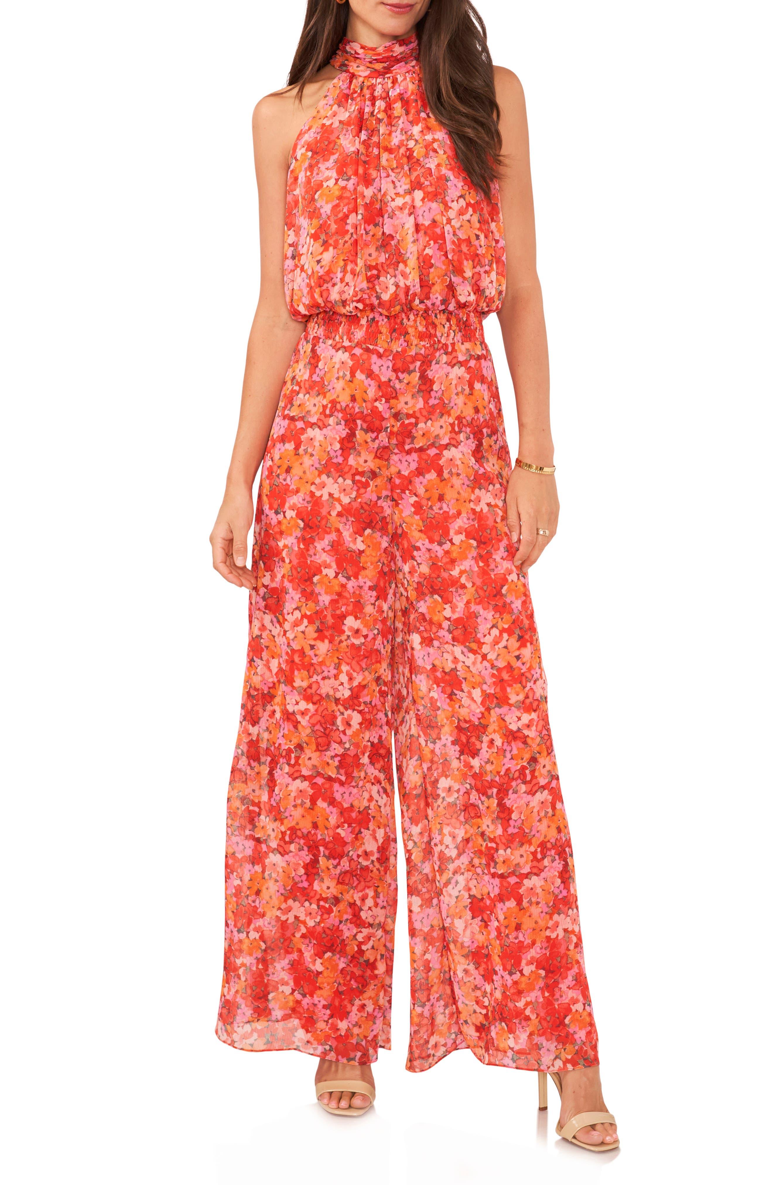 Vince Camuto Floral Halter Sleeveless Wide Leg Plissé Jumpsuit in