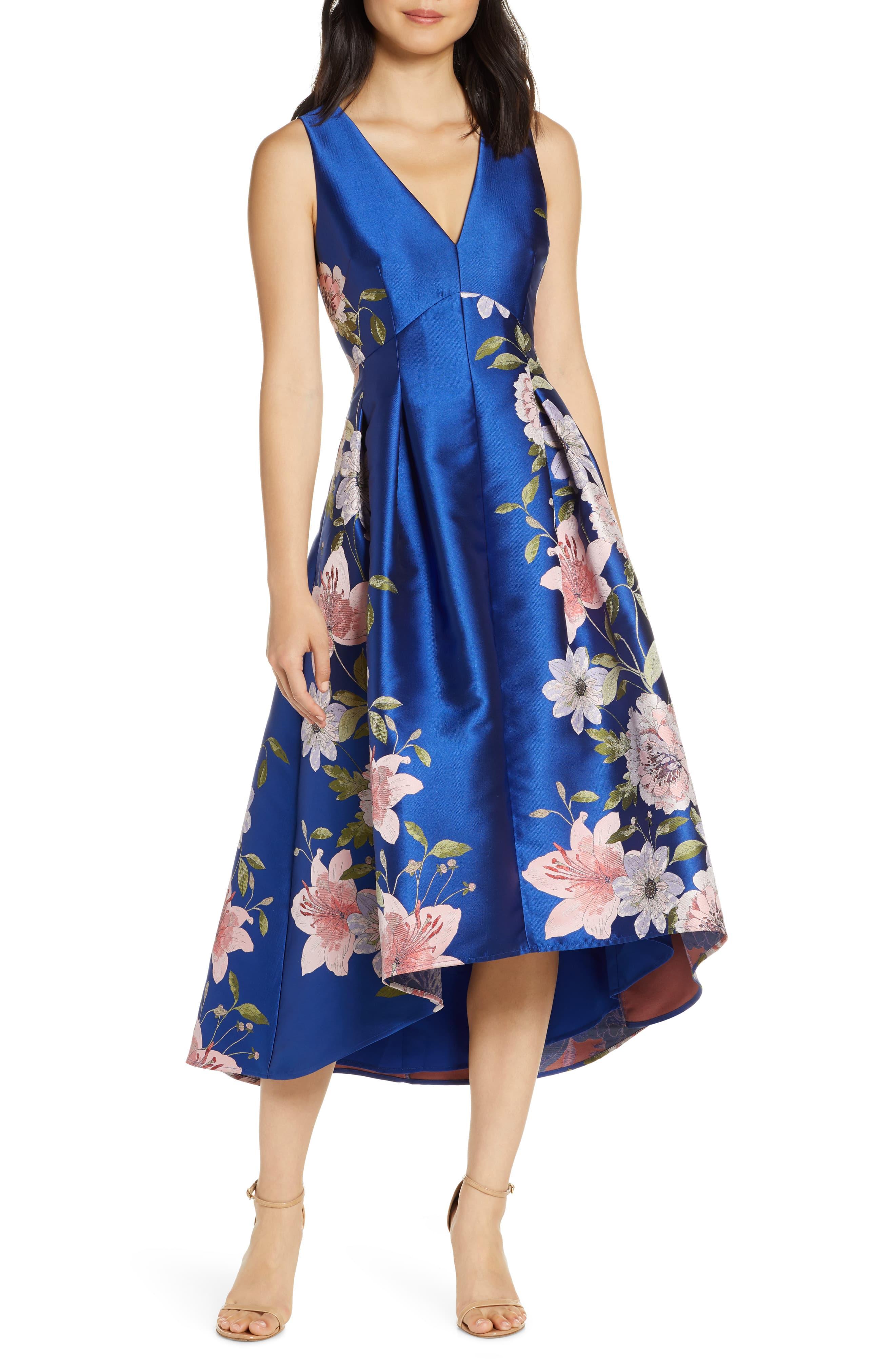 Eliza J Floral Print Satin Twill High/low Fit & Flare Dress in Cobalt ...