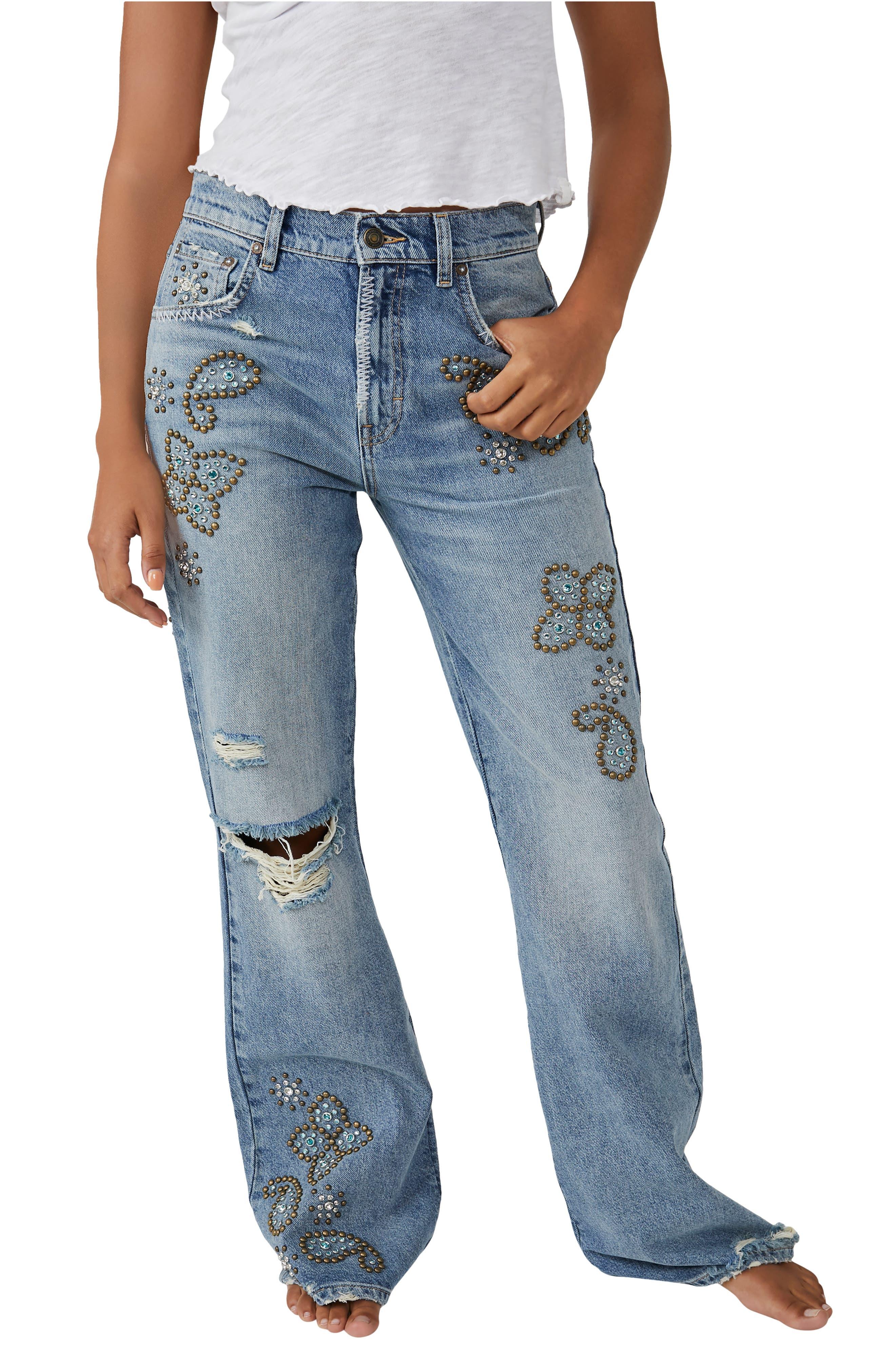 Free People We The Free Wiley Beaded Ripped Bootcut Jeans in Blue | Lyst