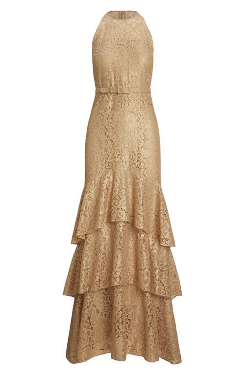 Ralph Lauren Metallic Belted Tiered Lace Gown in Natural | Lyst