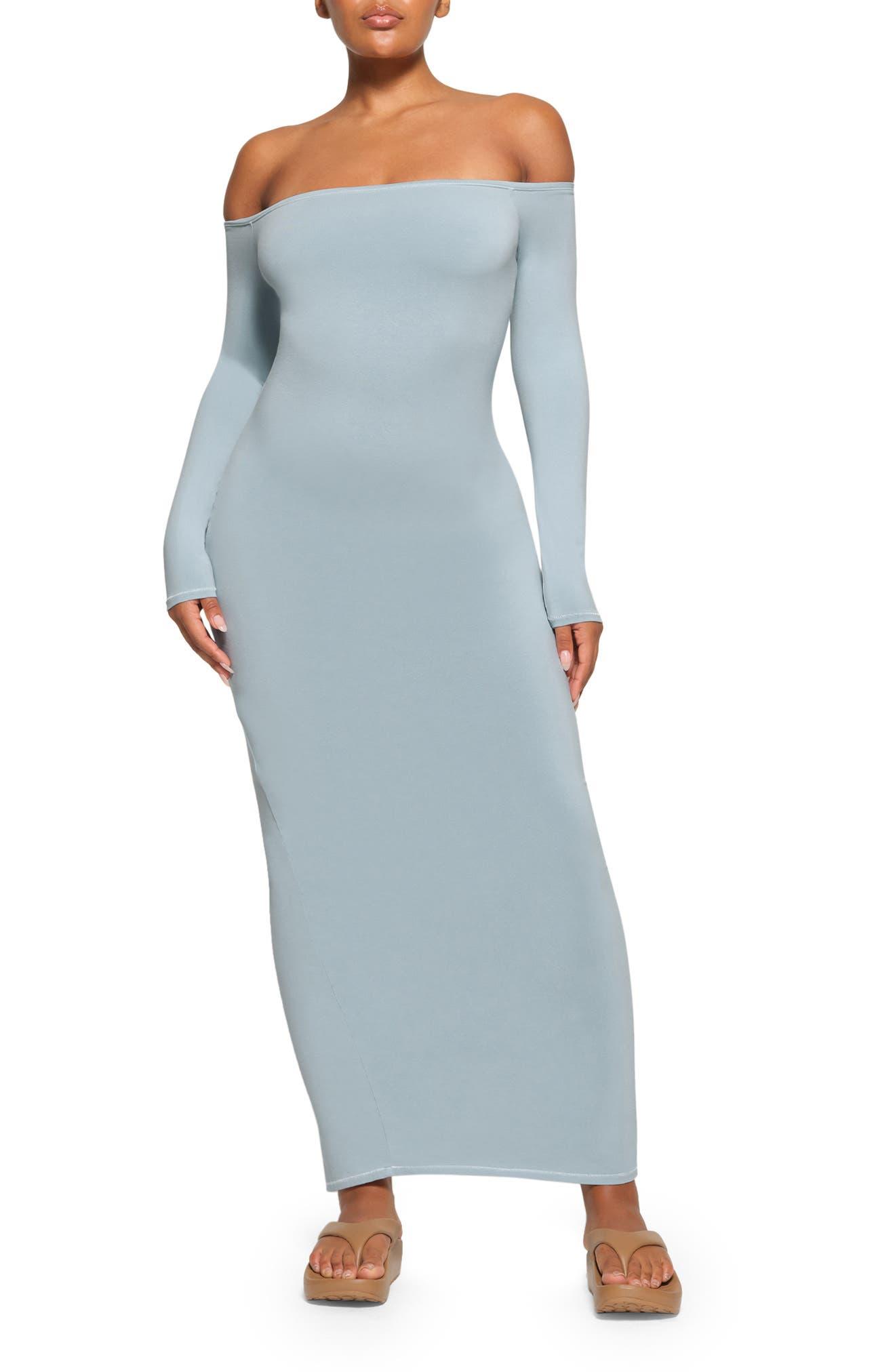 Skims Off The Shoulder Long Sleeve Maxi Dress in Blue