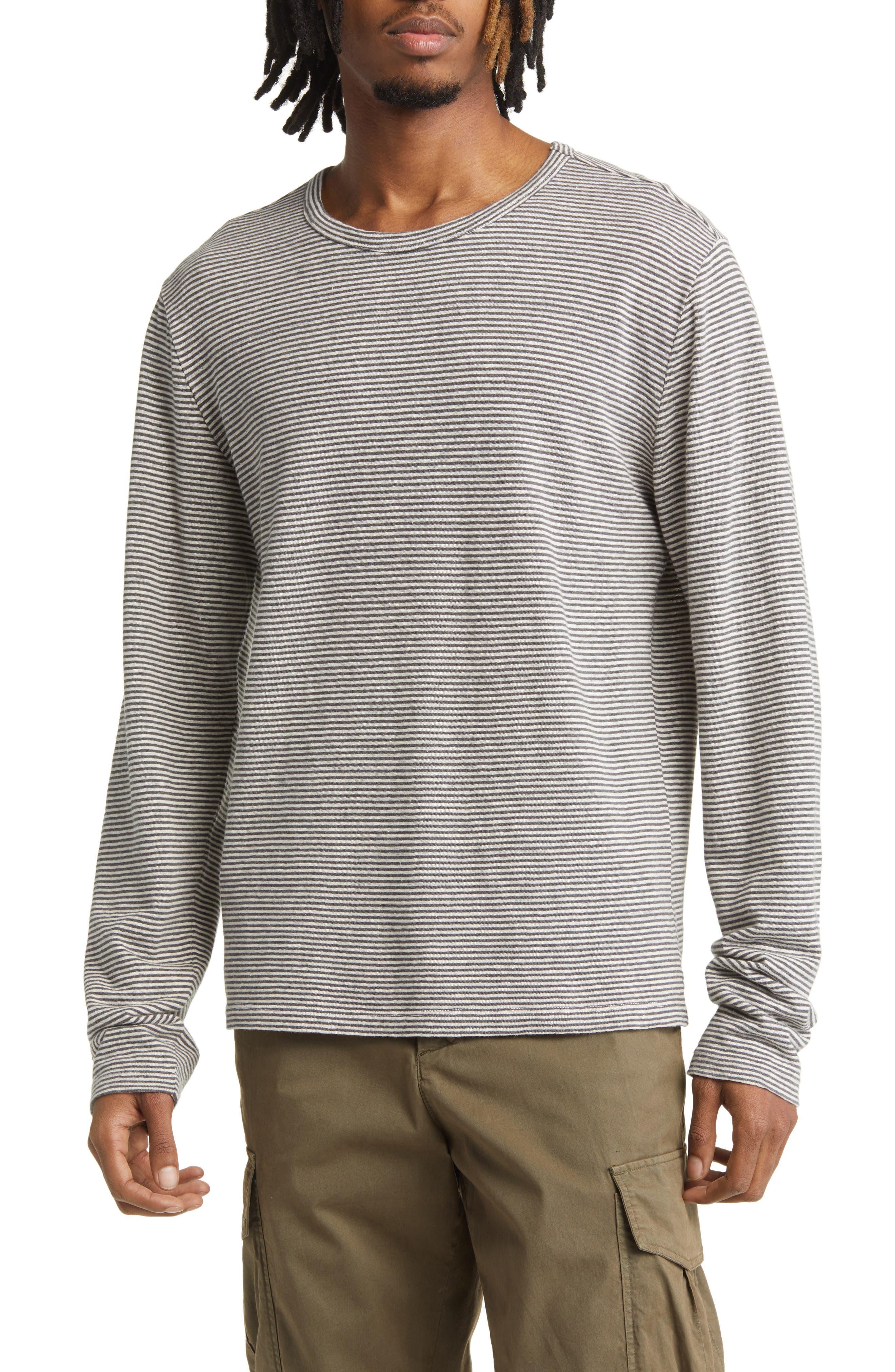 Officine Generale Stripe Sleeve Cotton & Linen T-shirt Gray for Men | Lyst