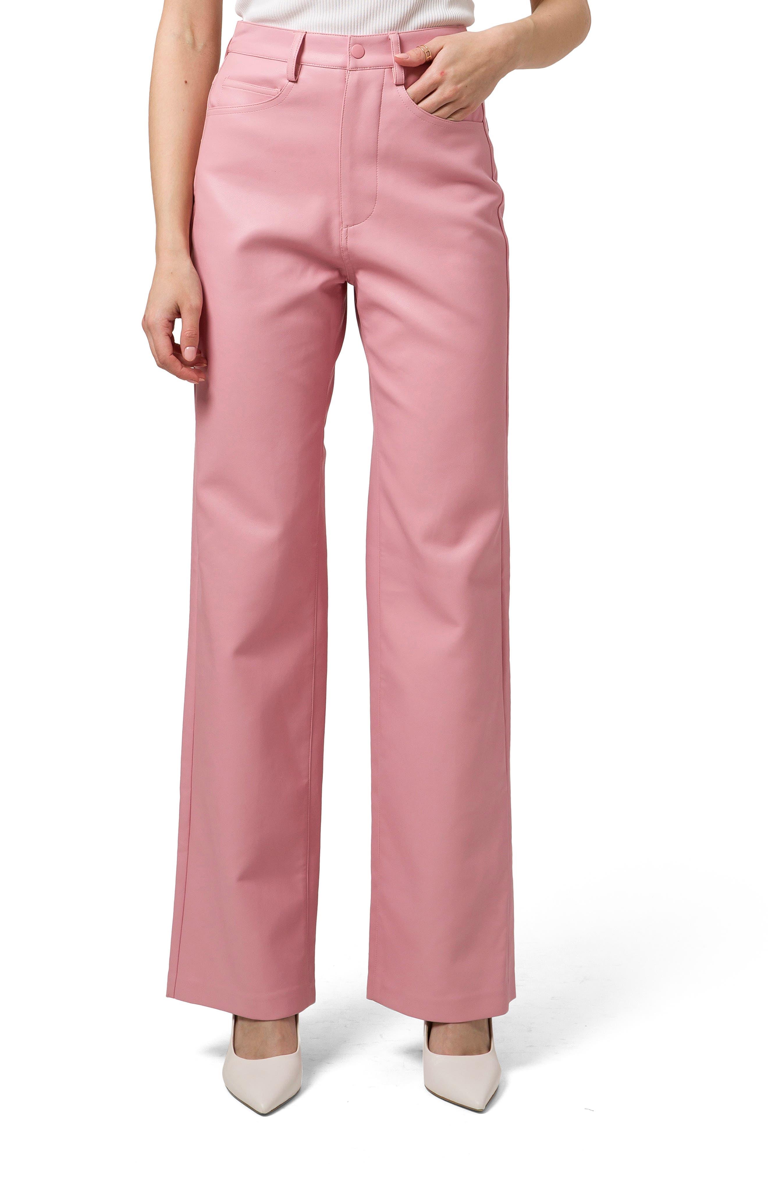 Wayf Faux Leather Straight Leg Pants in Pink | Lyst
