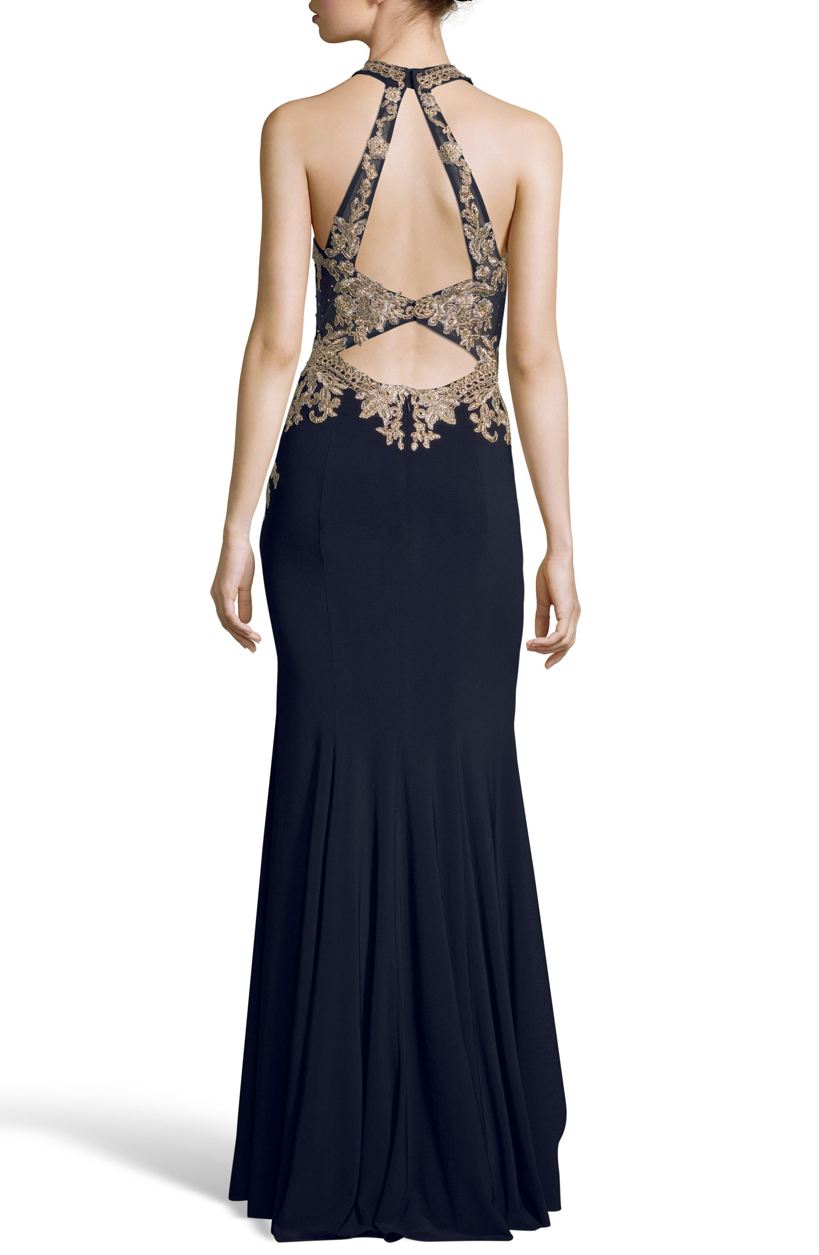 xscape lace appliqué fit & flare gown