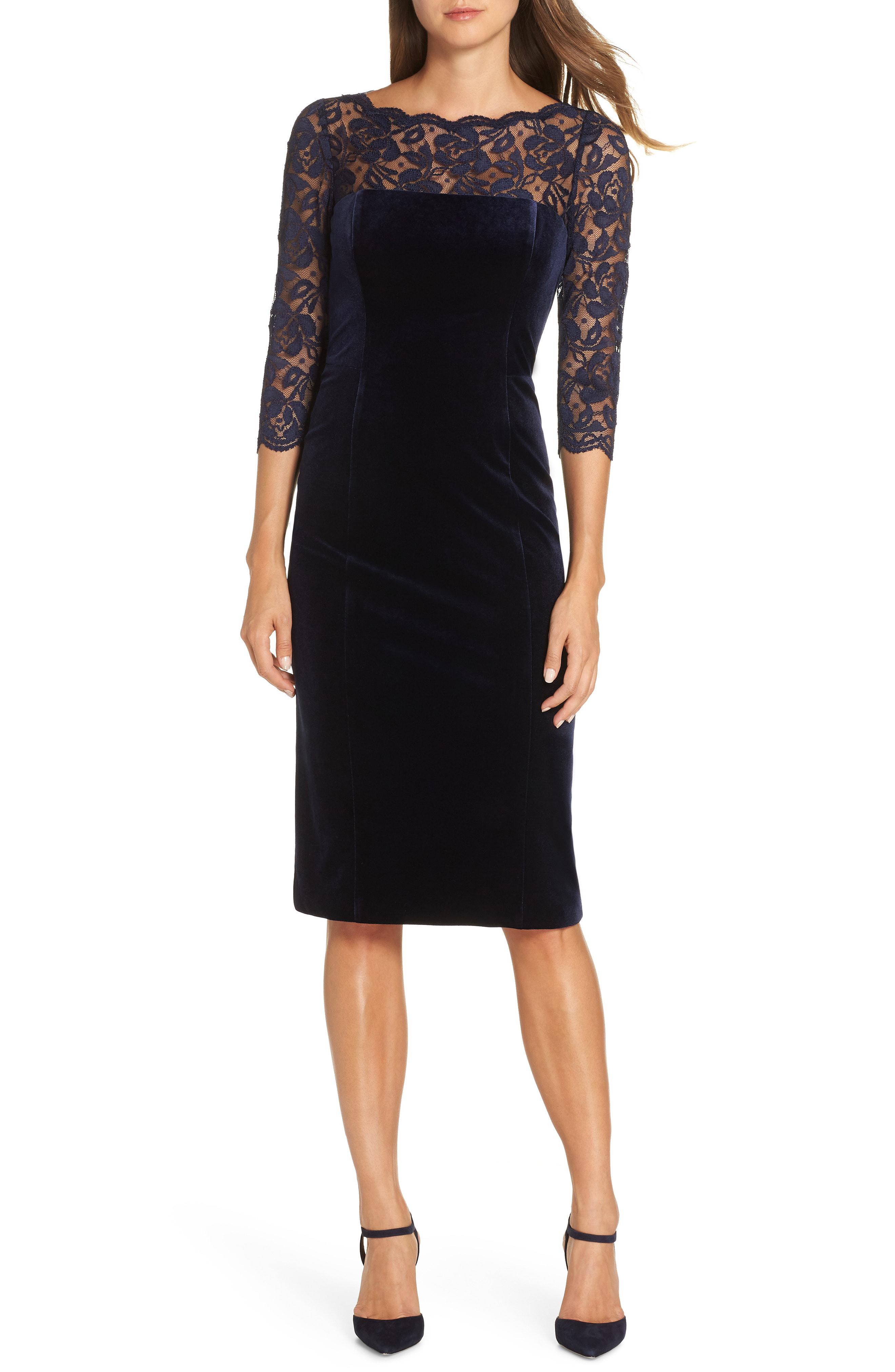 eliza j lace and velvet sheath dress