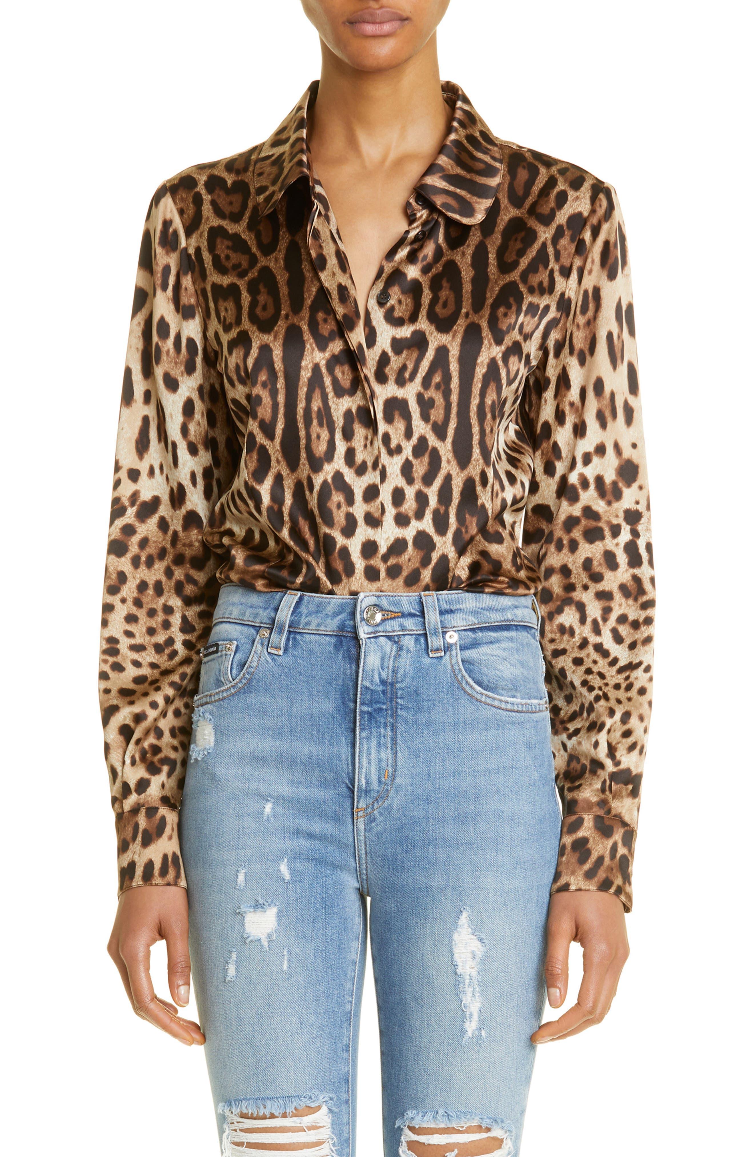 Dolce & Gabbana Leopard Print Silk Satin Blouse in Brown | Lyst