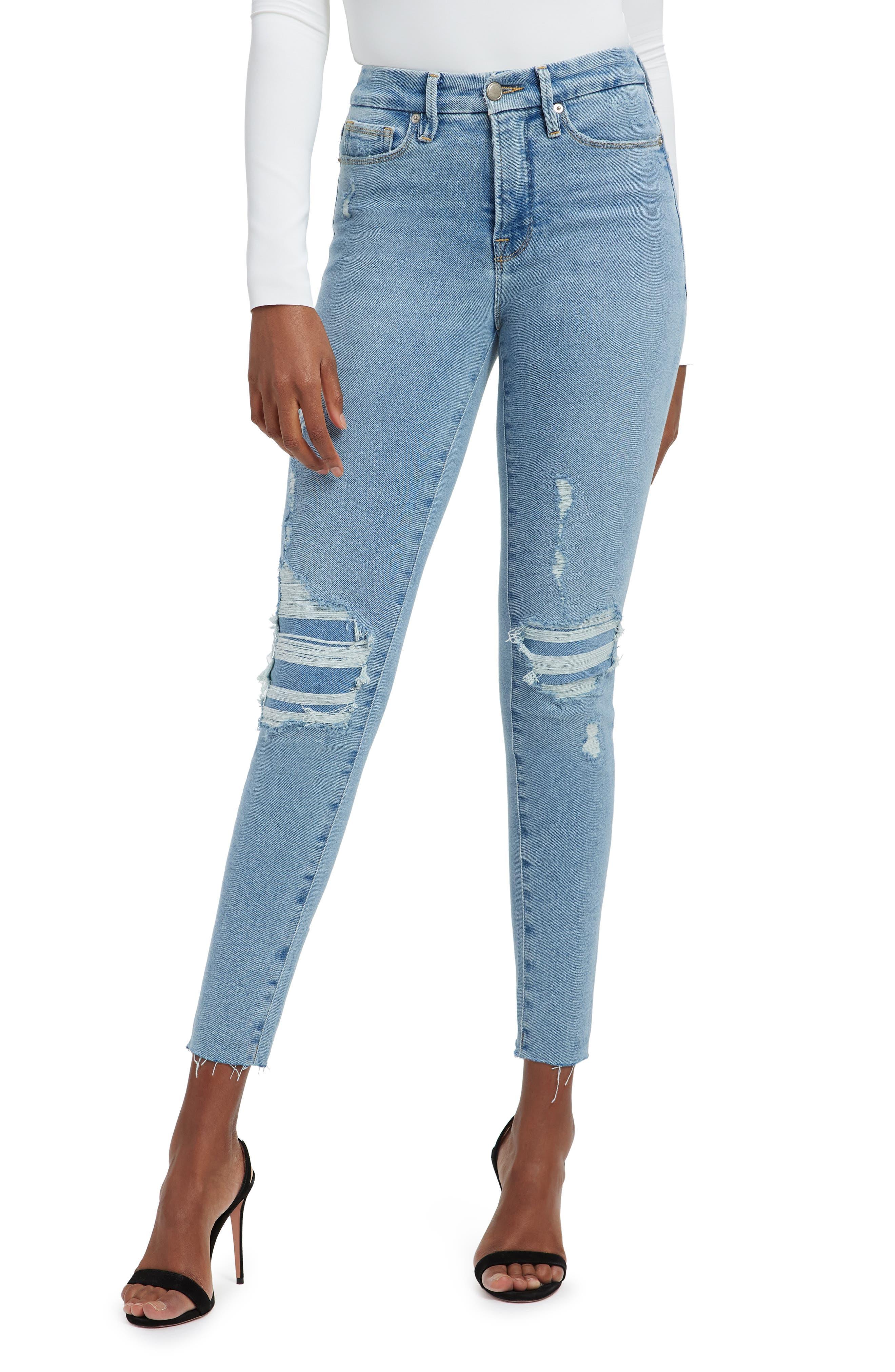 GOOD AMERICAN Good Legs Ripped Raw Hem Skinny Jeans in Blue | Lyst