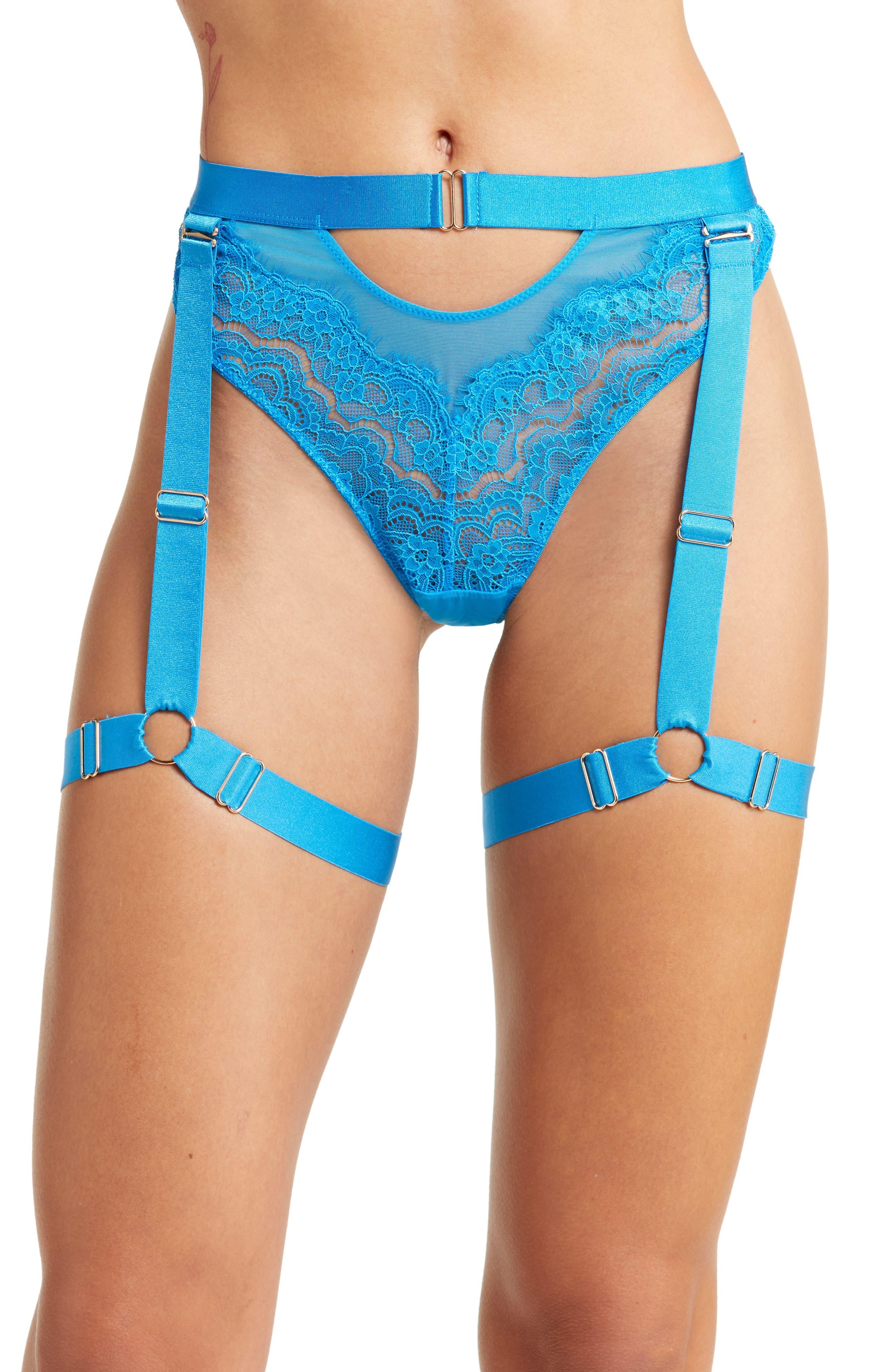 Hunkemoller Isabelle lace high leg string thong in blue-Blues