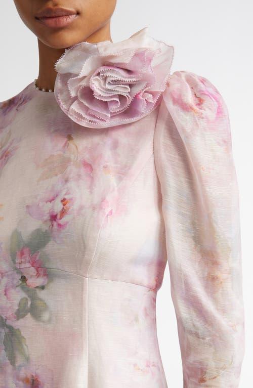 Zimmermann Floral Long Sleeve Organza Midi Dress in Pink | Lyst