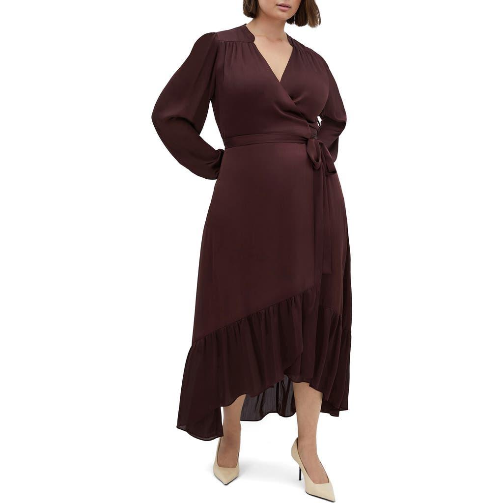 City Chic Rylie Love Long Sleeve High-Low Satin Maxi Dress in Red
