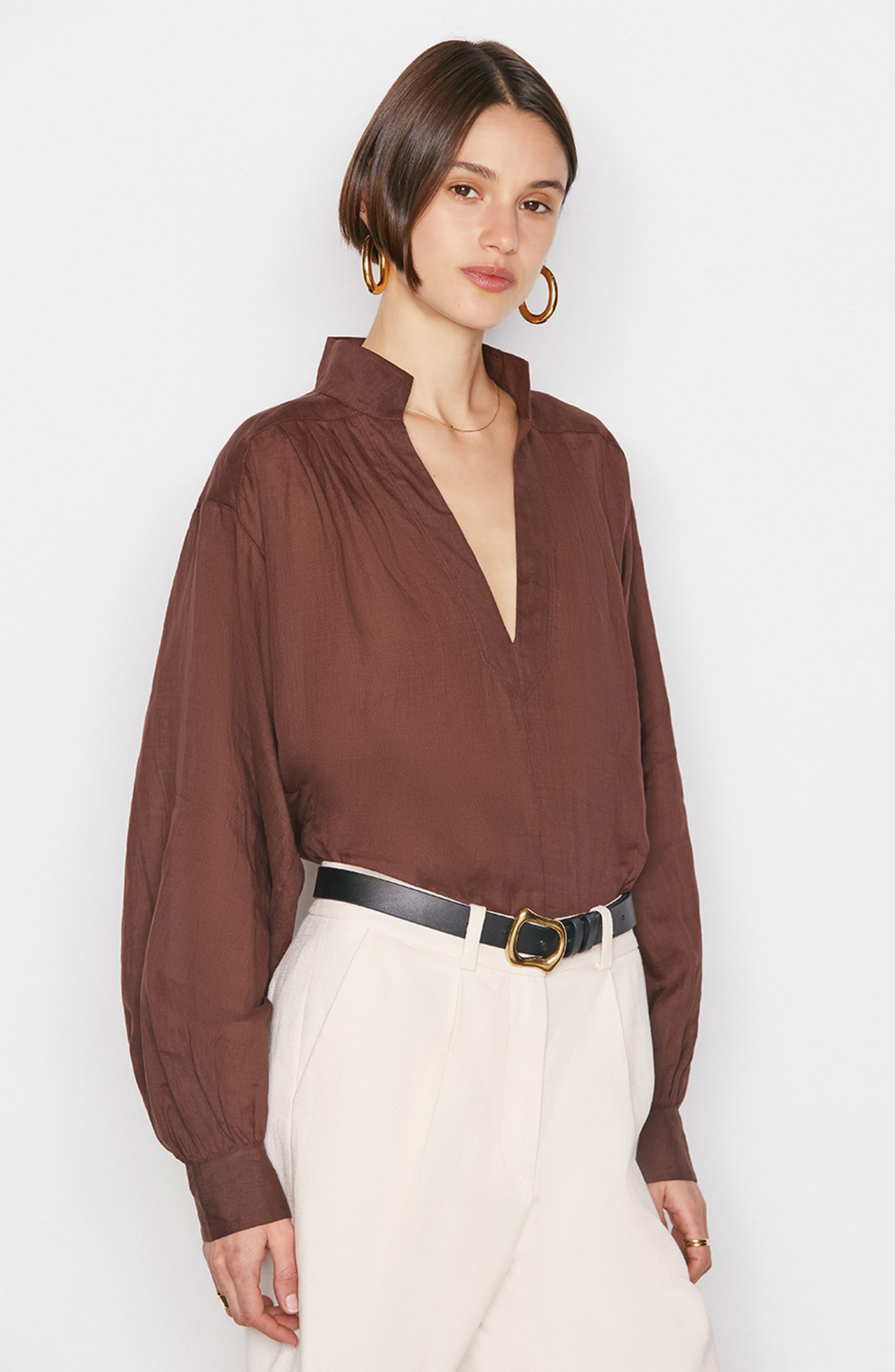 FRAME Women's Brown Long Sleeve Popover Blouse