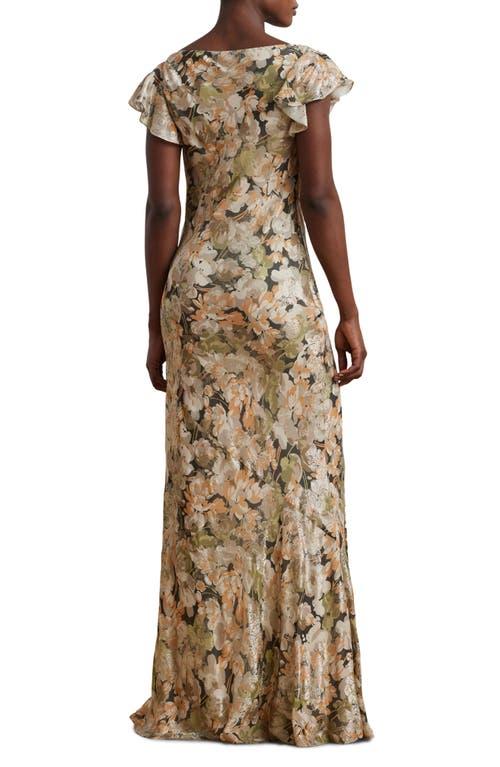 ralph lauren pleated metallic floral dress Ralph Lauren Metallic Floral Jacquard Cowl Neck Gown