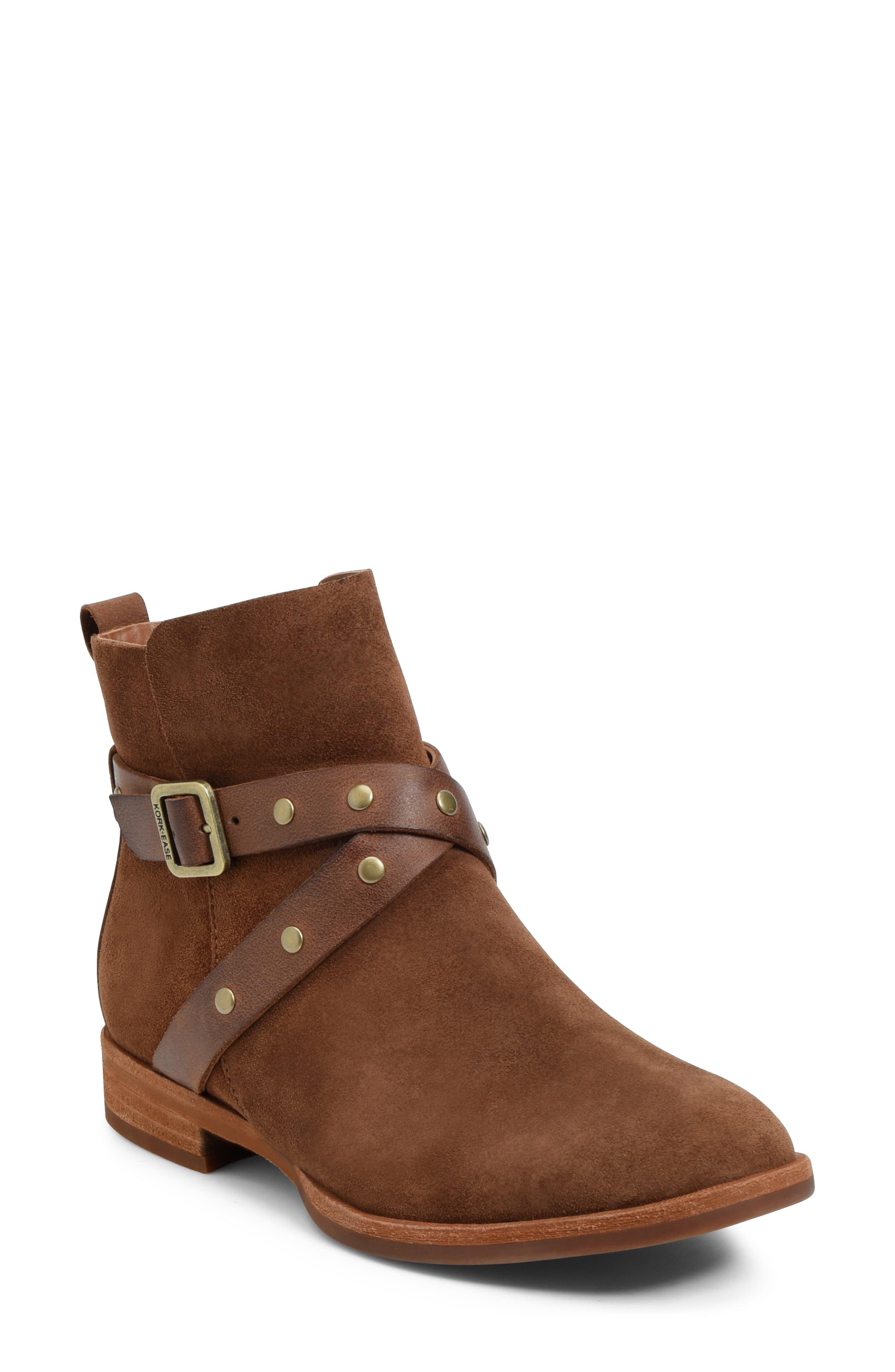 KorkEase Kenai Suede Studded Buckle Block Heel Booties in Brown