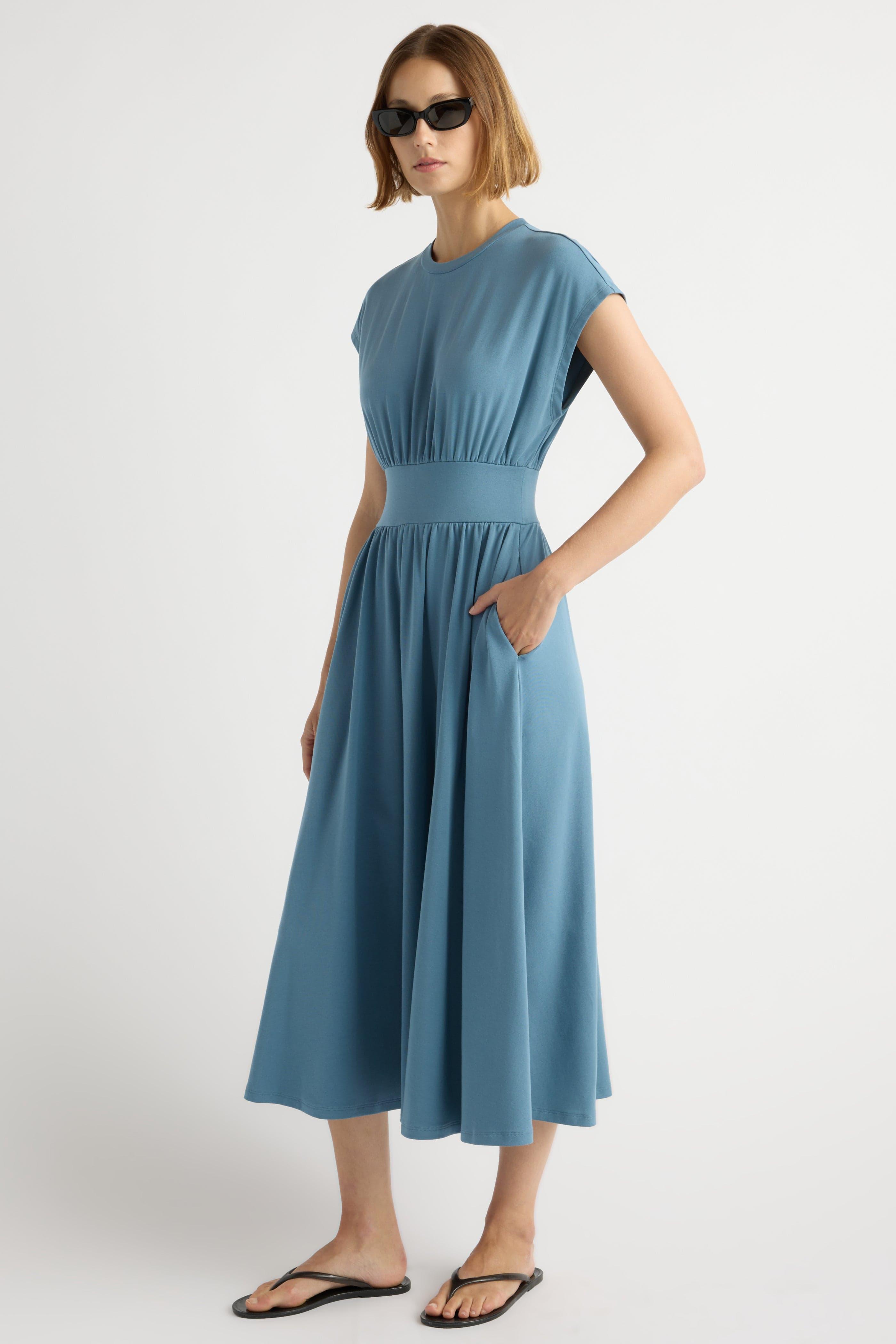 blue one shoulder dress Velvi - Kelli Midi - Smoky Do Not Iron Fit:Slim Women Dresses Uptown Girl Emerald Green