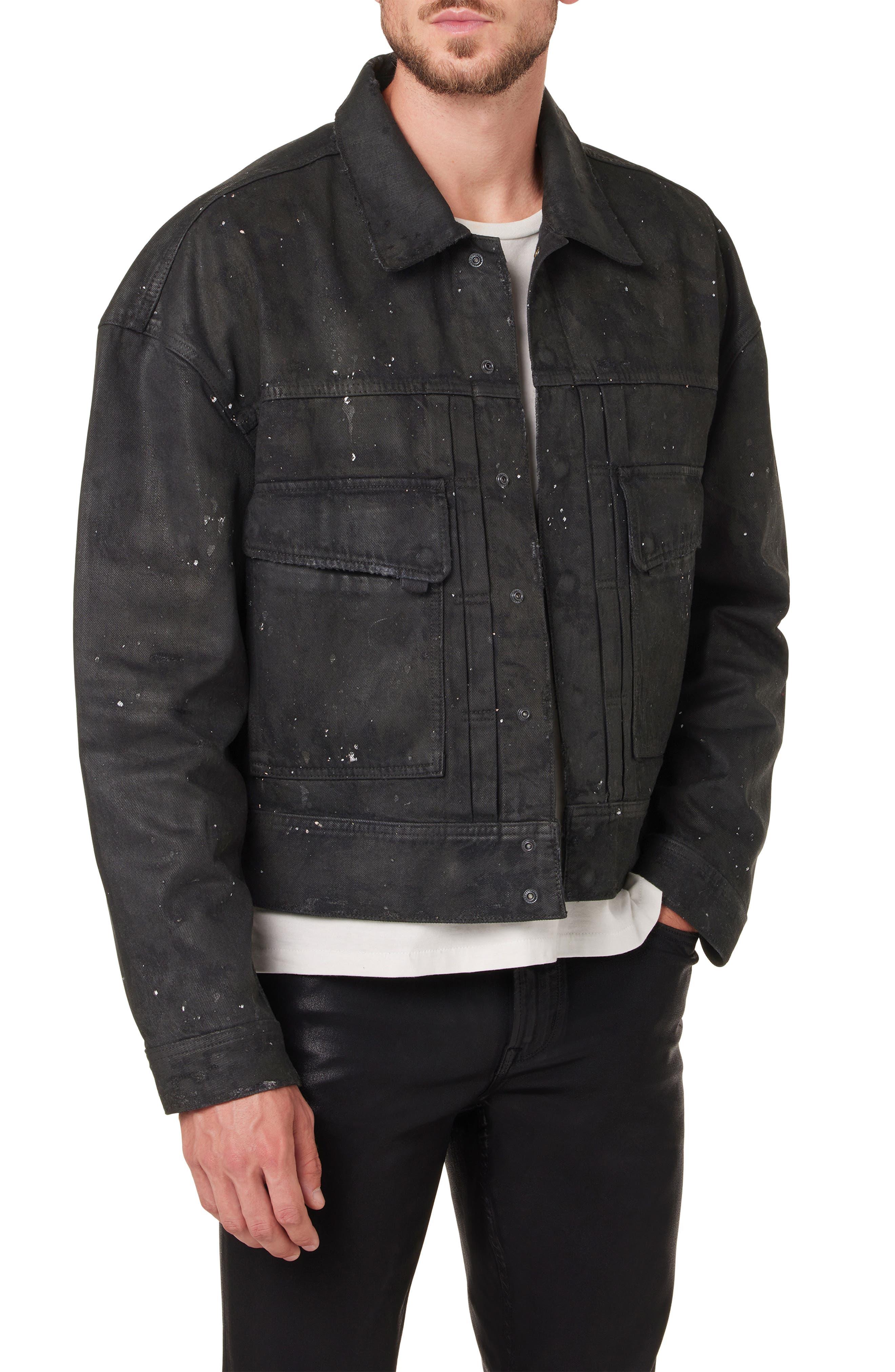 Hudson Jeans Boxy Paint Splatter Crop Denim Trucker Jacket in Black for