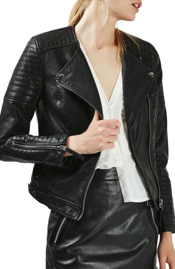 TOPSHOP Polly Faux-Leather Biker Jacket in Black | Lyst