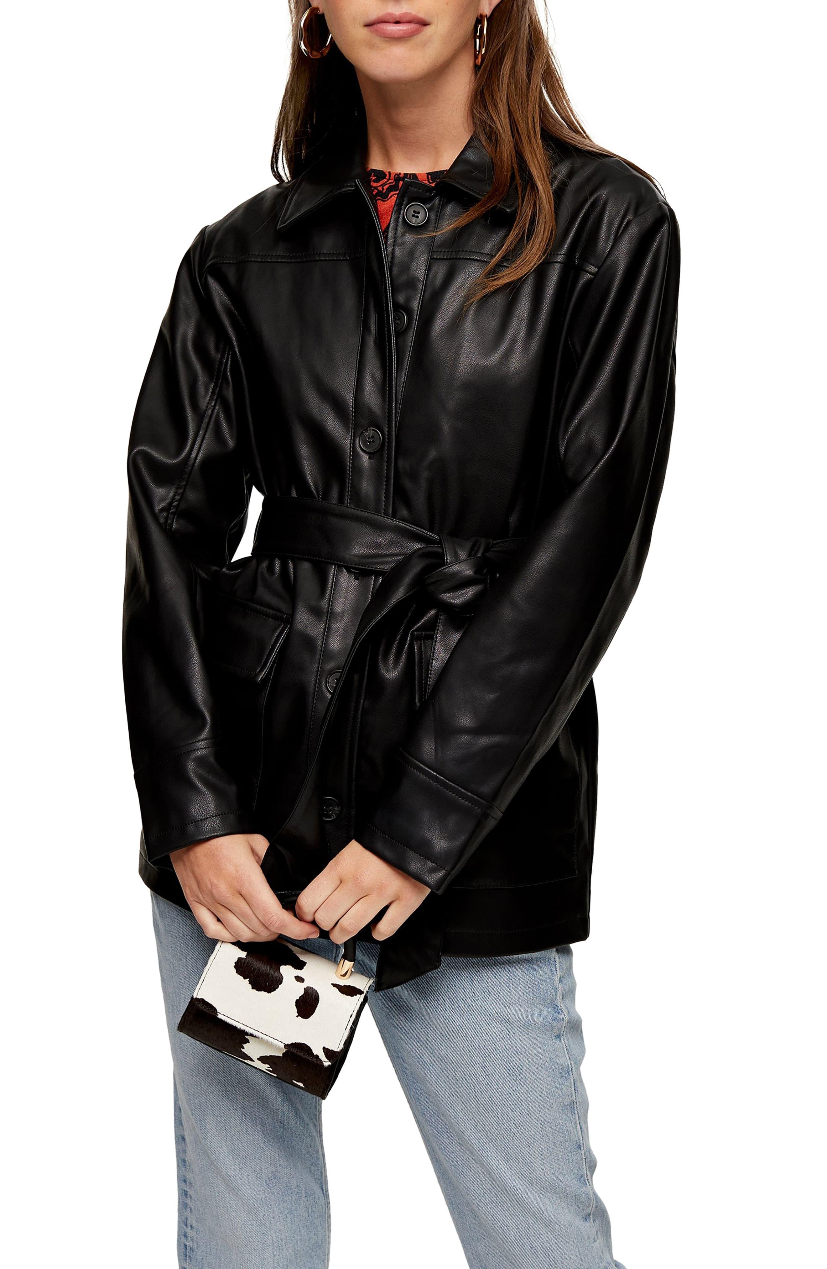 Topshop Black Faux Leather Tie Shacket Lyst