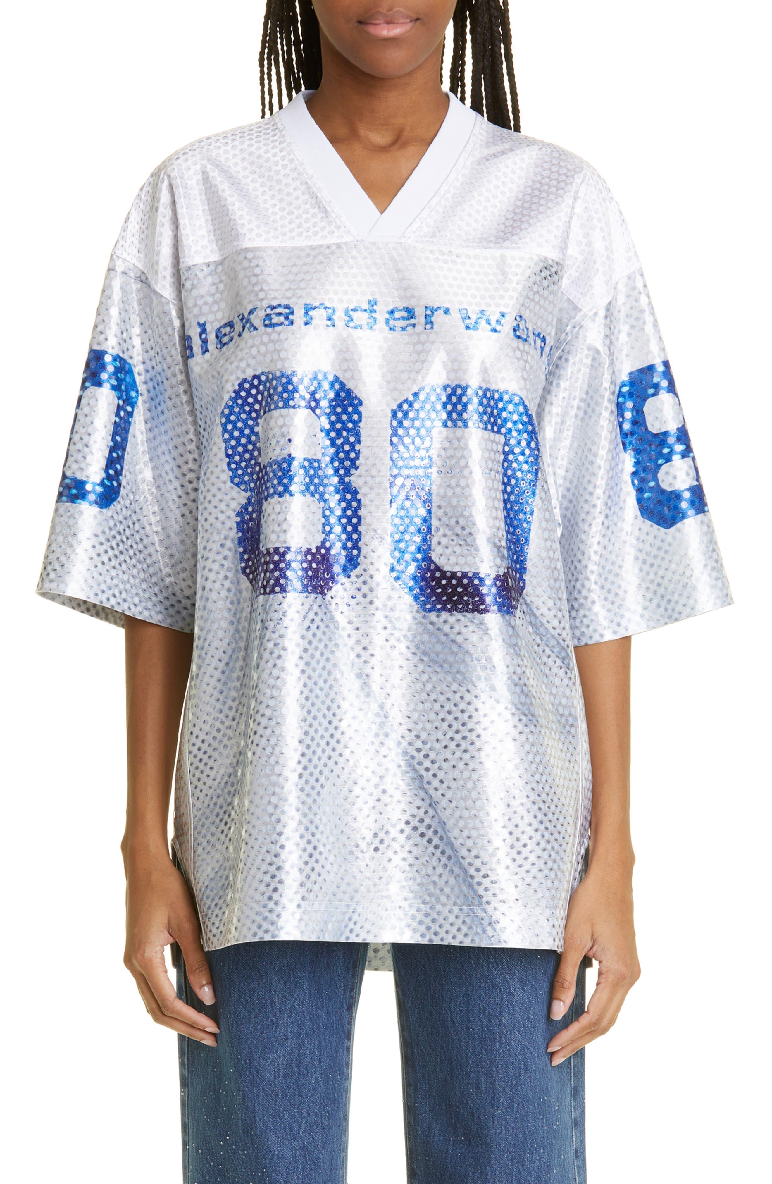 Alexander Wang Oversize Logo Sequin Satin Football Jersey in White | Lyst
