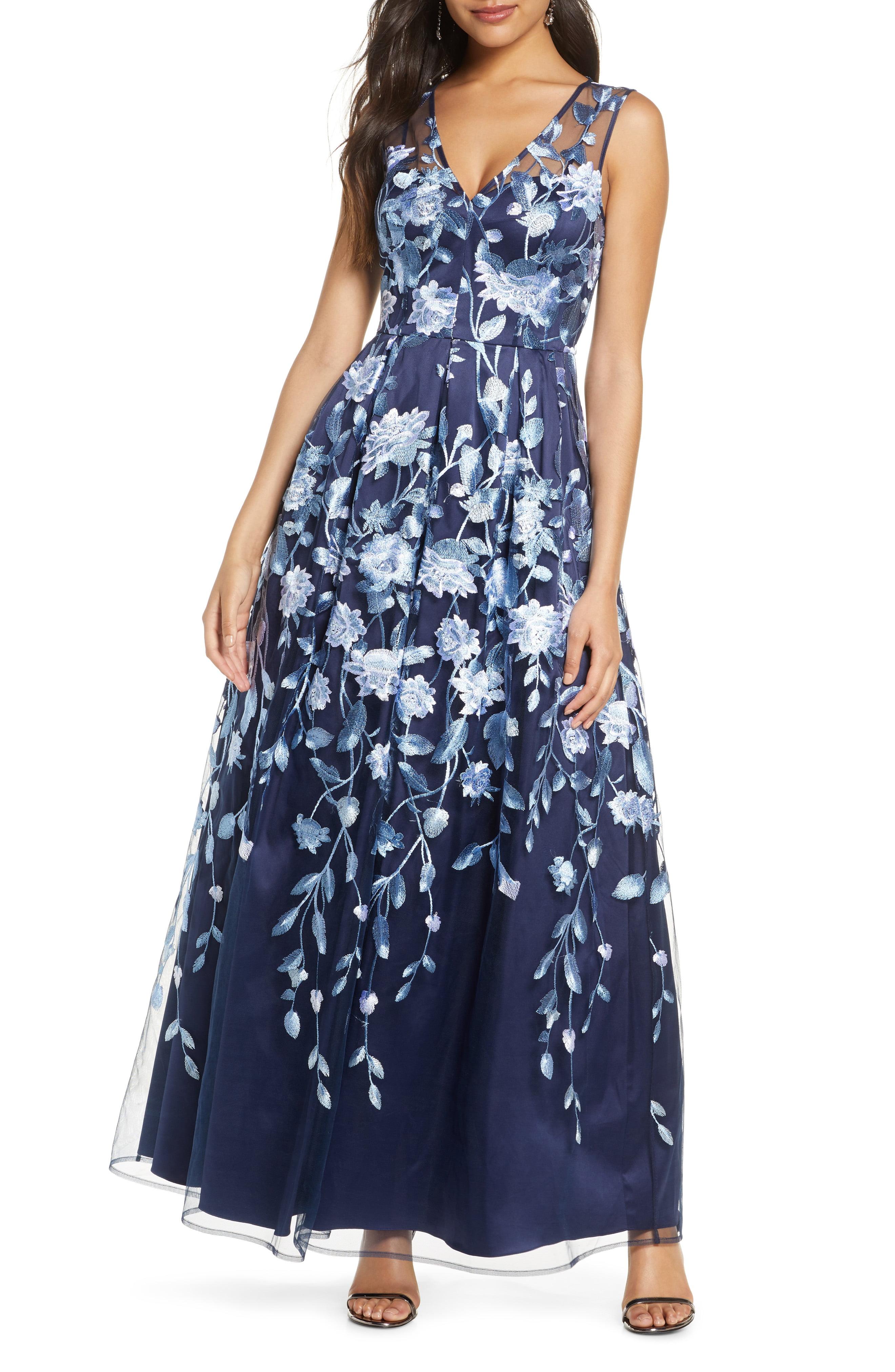 Eliza J Floral Embroidered A-line Mesh Gown in Navy Blue (Blue) - Lyst
