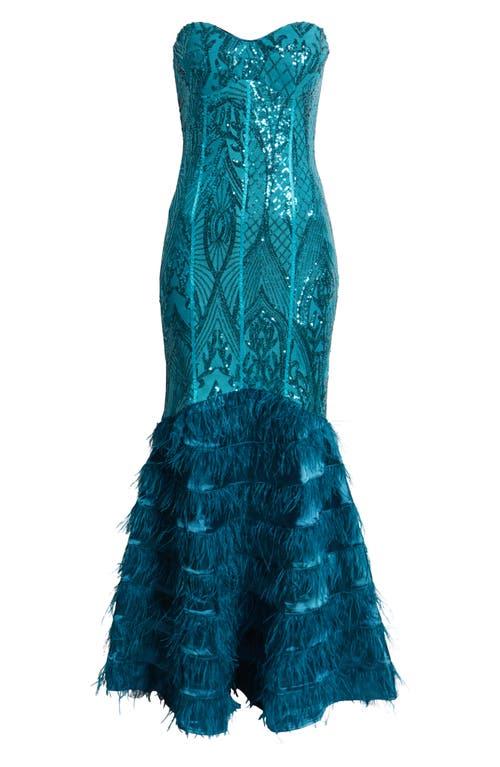 Bebe Sequin Feather Trim Strapless Gown in Blue | Lyst