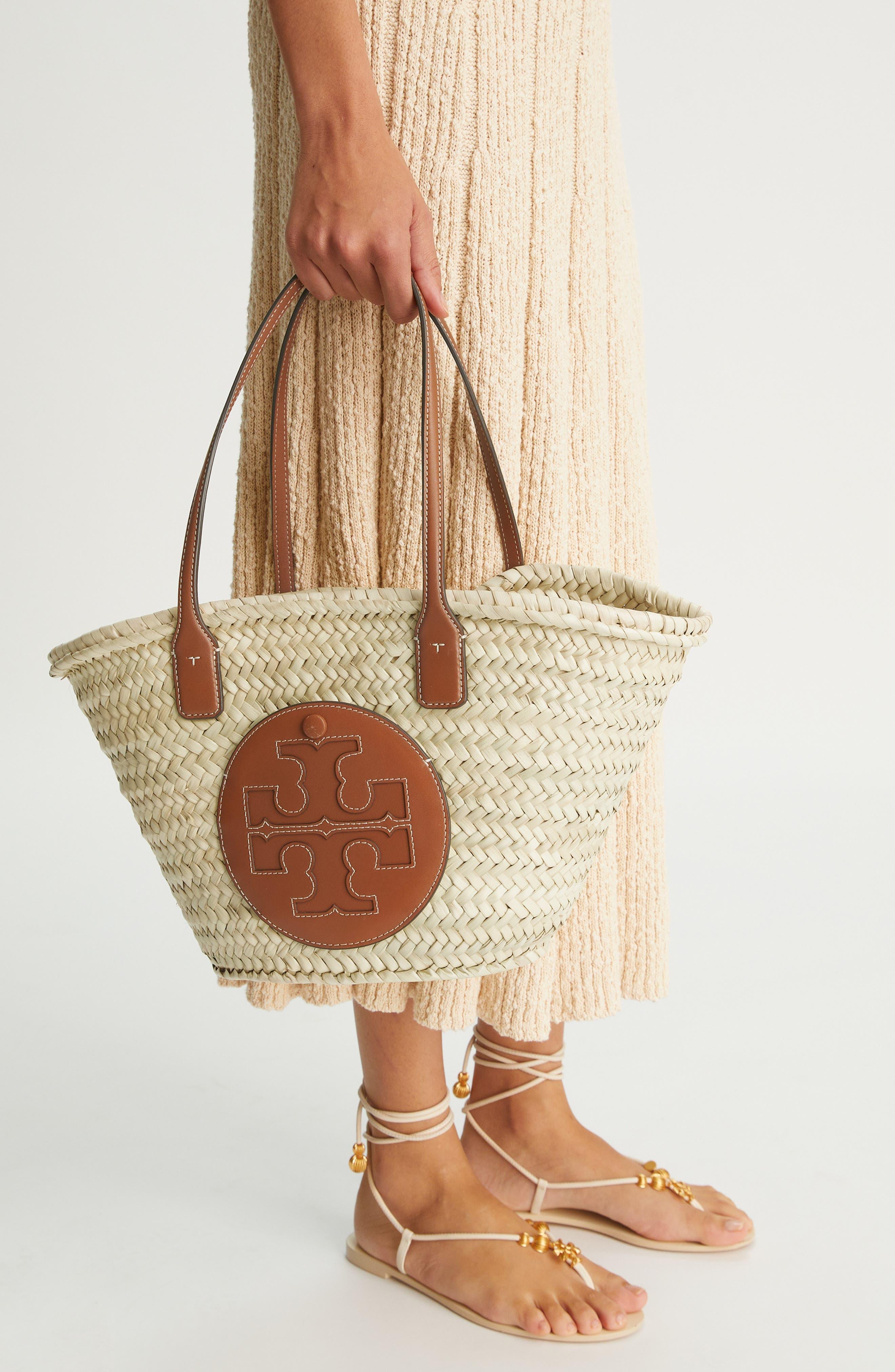 Neiman Marcus Tory Burch Ella Straw Basket Tote Bag w/ Floral