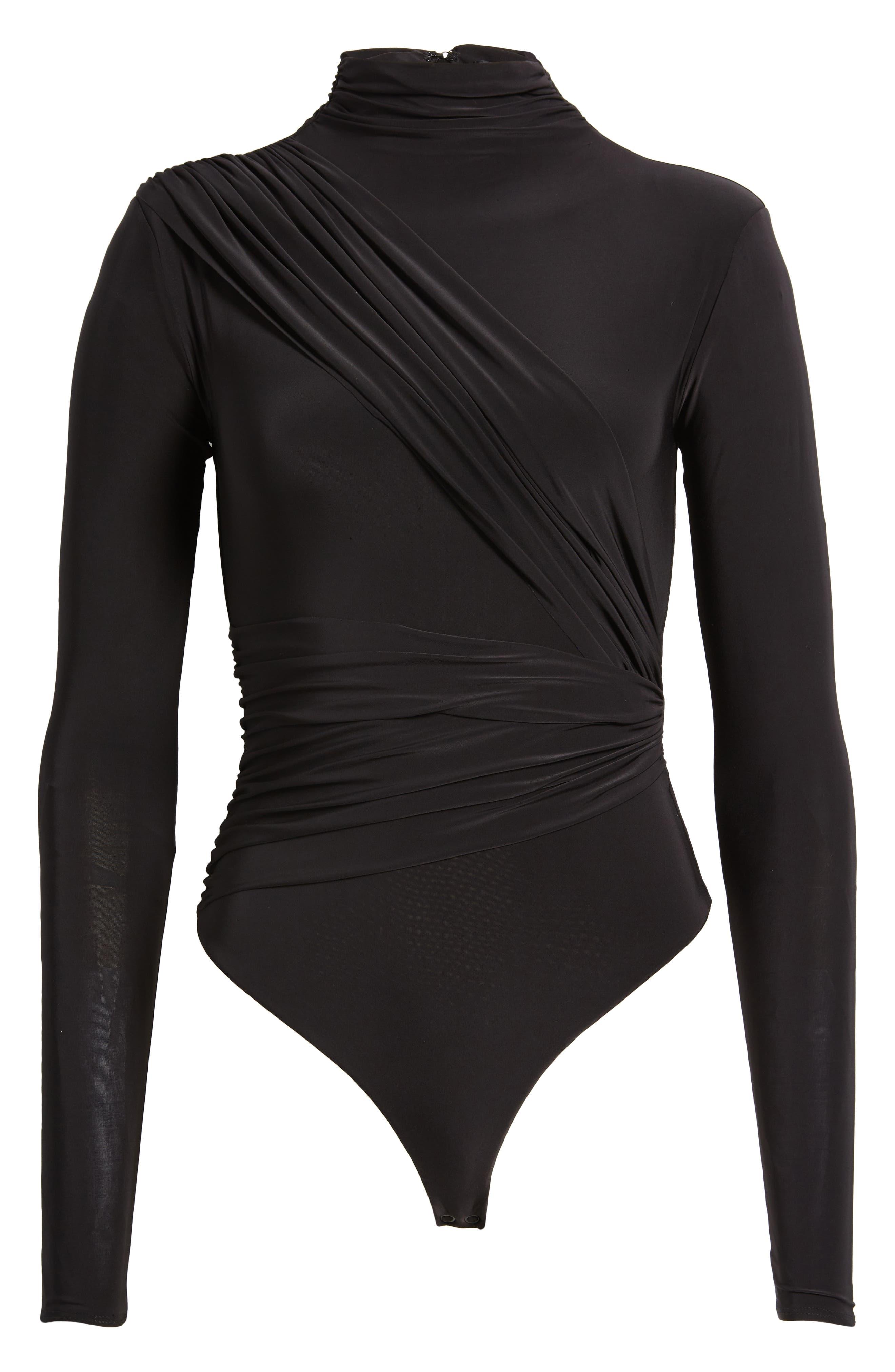 Naked Wardrobe Drama Ruched Long Sleeve Ribbed Body-con Bodysuit in Black