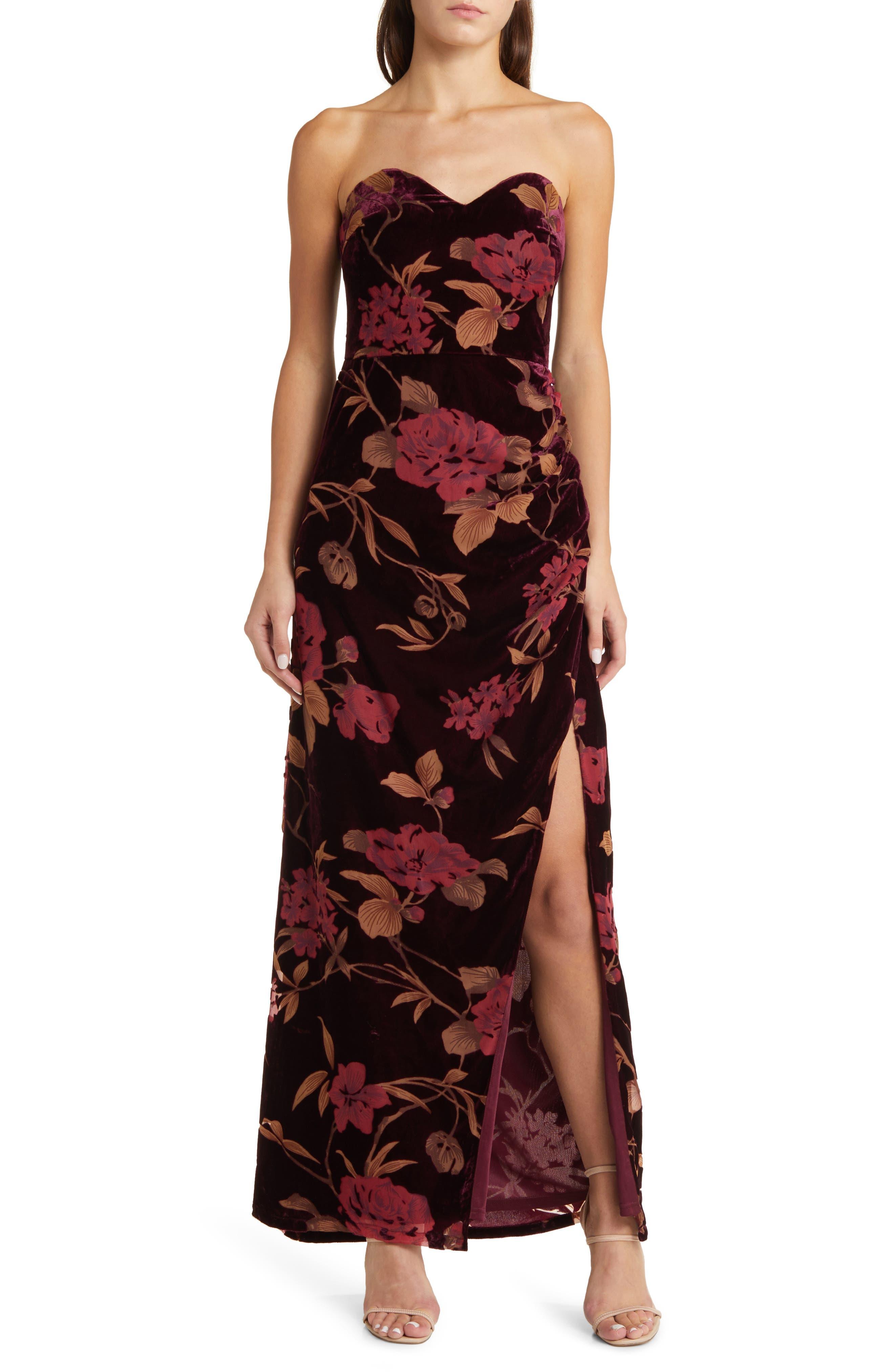 Lulus Exquisite Floral Velvet Burnout Strapless Gown in Red