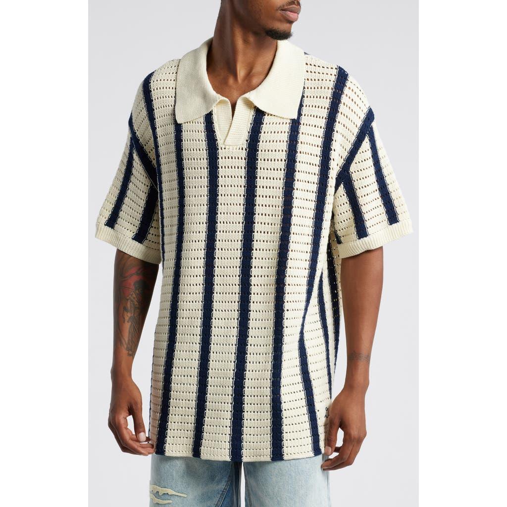 DIET STARTS MONDAY Stripe Open Knit Polo Sweater in Blue for