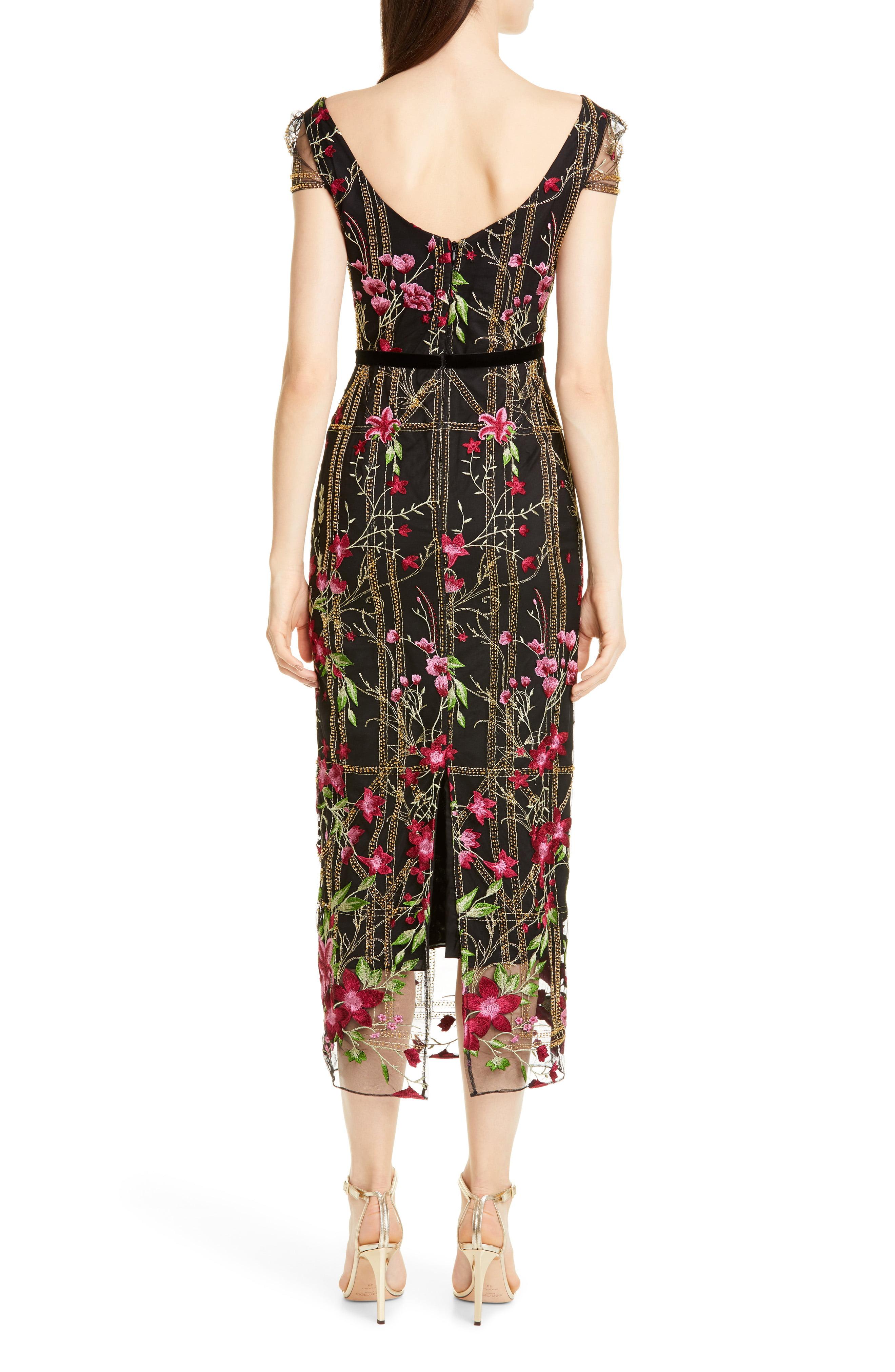 Marchesa notte Floral Embroidered Midi Dress in Black - Lyst