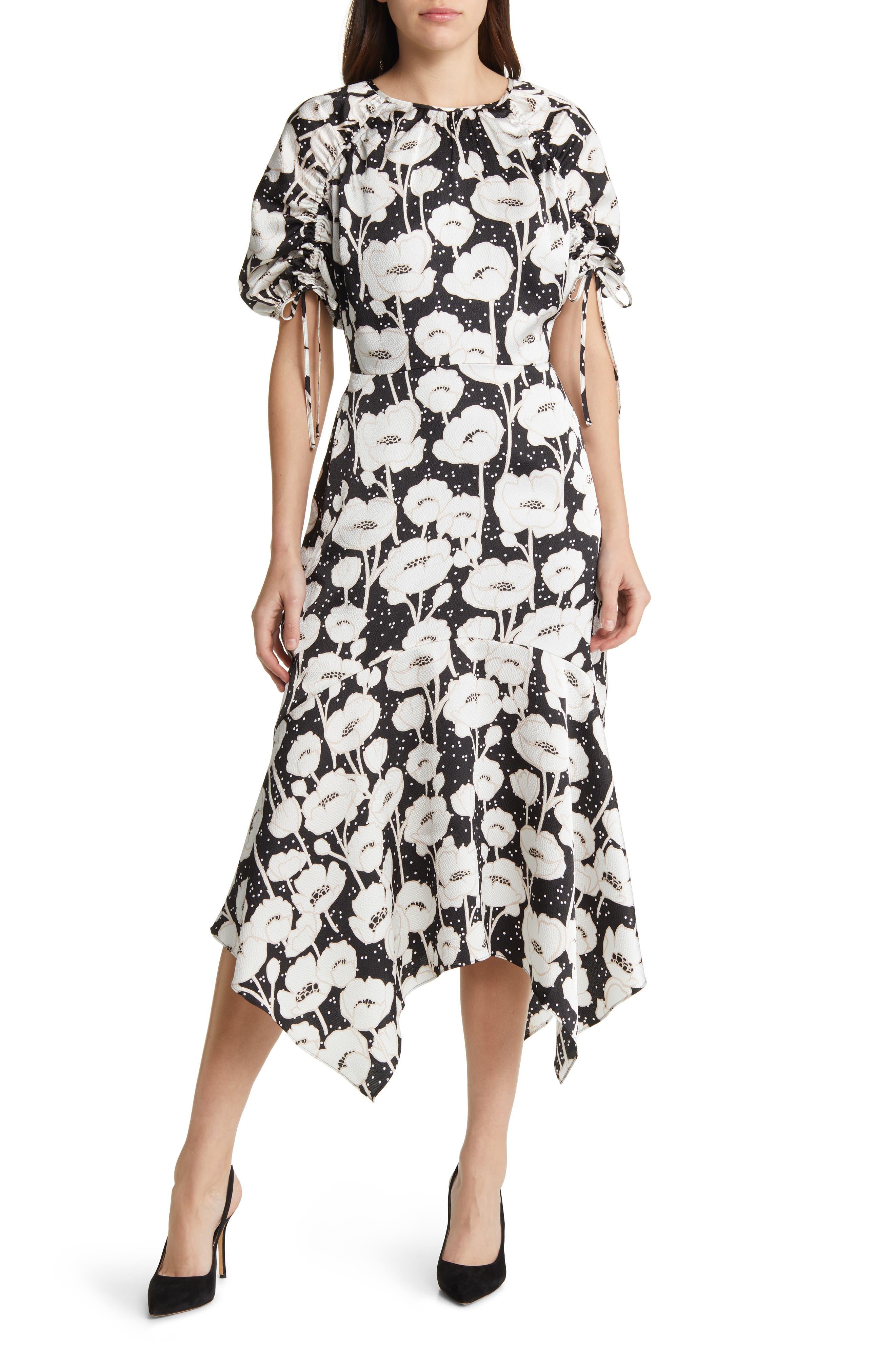 Ted Baker Abriee Floral Puff Sleeve Handkerchief Hem Midi Dress in