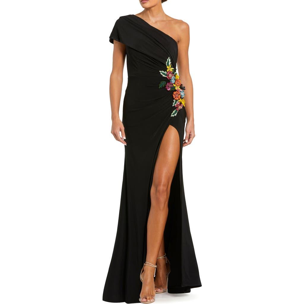mac duggal one-shoulder embroidered maxi dress Mac Duggal - Multicolor One Shoulder Brocade Floral Gown With Bow