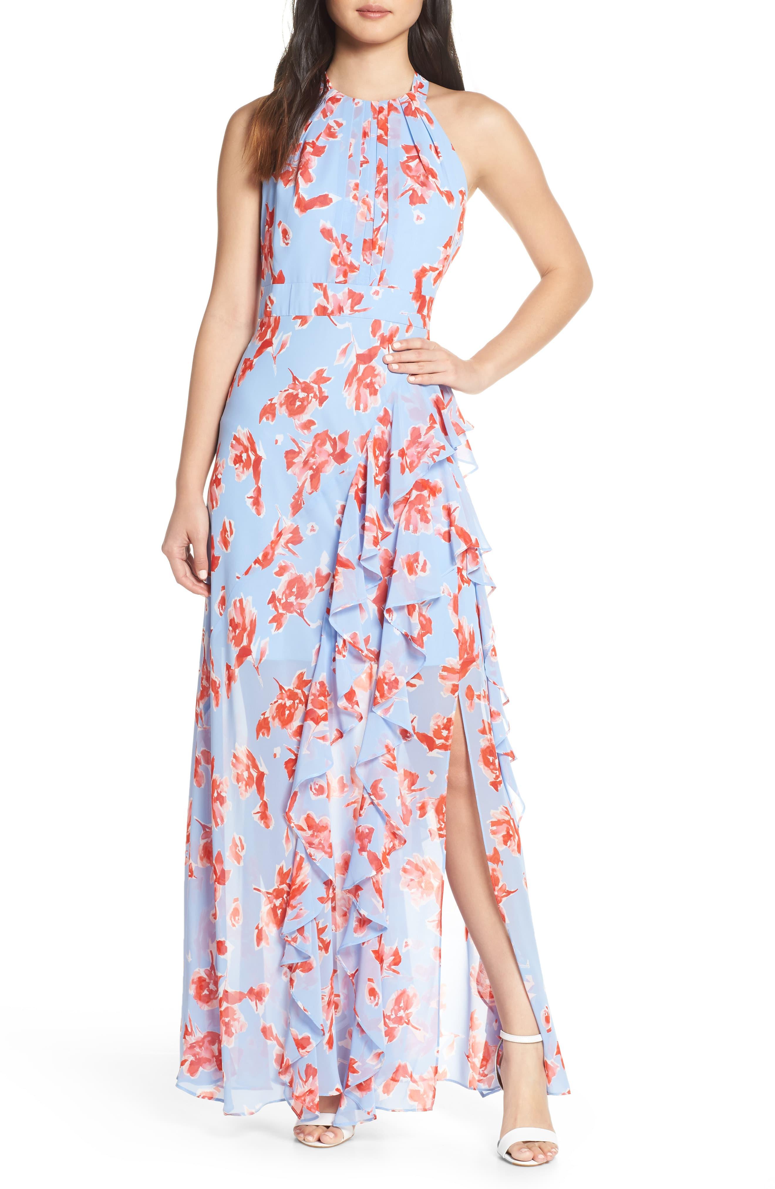 Eliza J Halter Neck Ruffled Slit Front Floral Print Maxi Dress In Blue