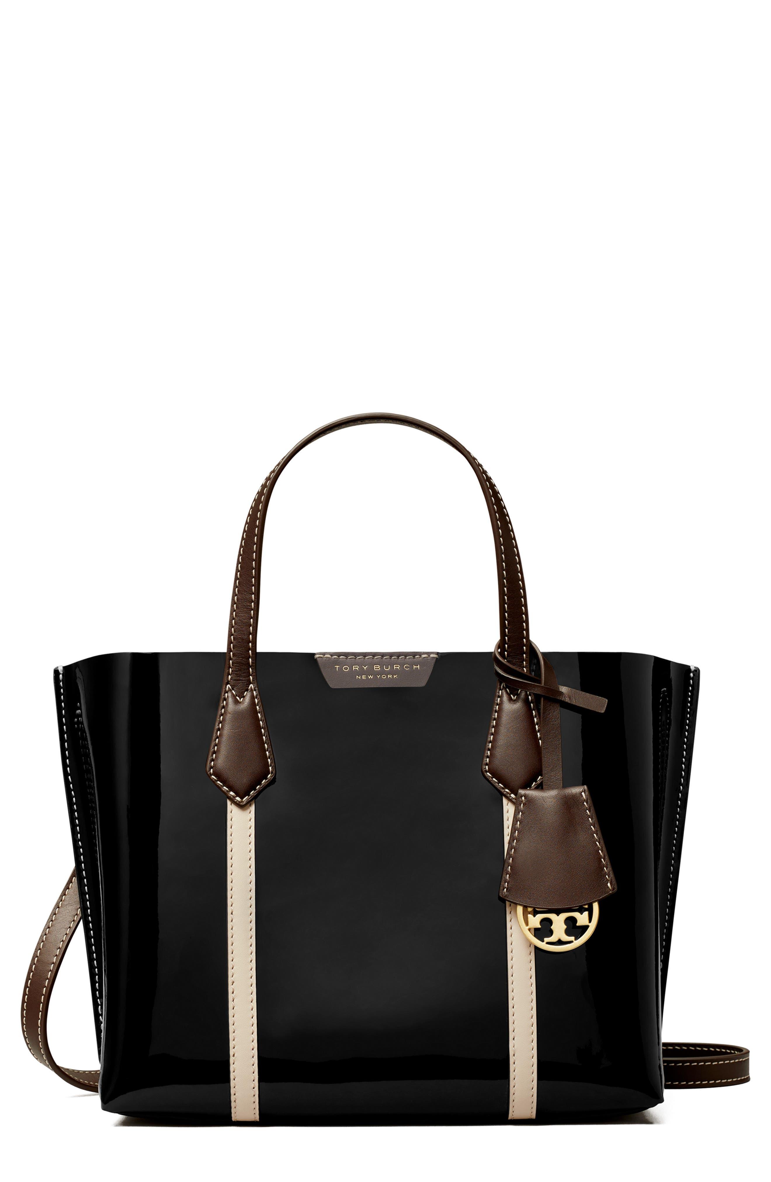 Tory Burch Perry Small Triple Compartment Patent Leather Tote in Black