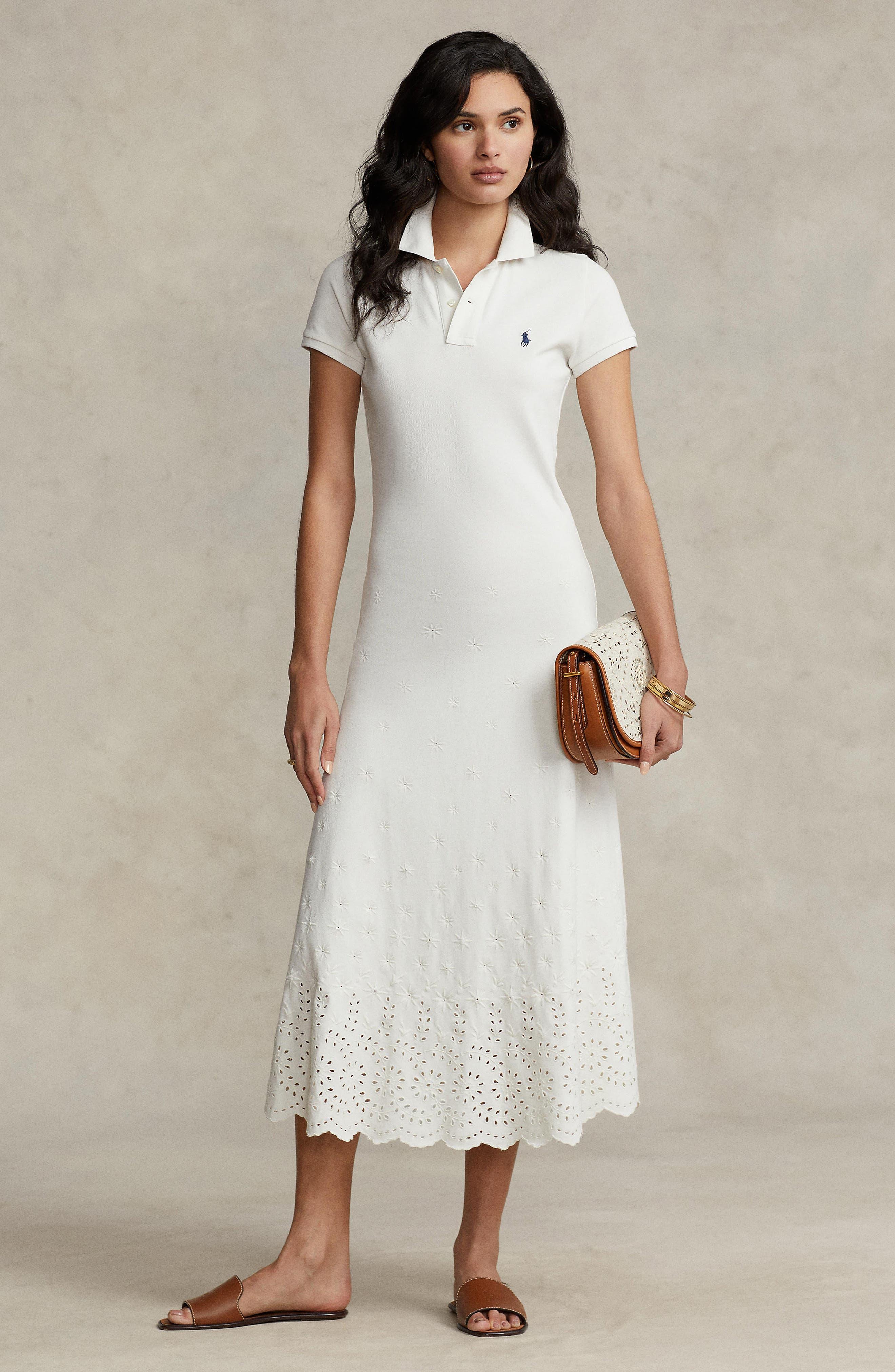 Polo Ralph Lauren Eyelet Detail Short Sleeve Stretch Cotton Dress in White  | Lyst