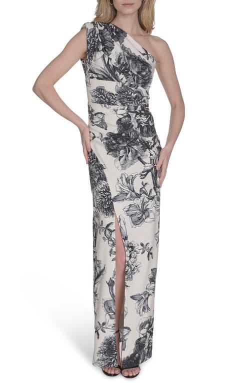 Vince Camuto Laguna Floral One-Shoulder Sheath Gown in White