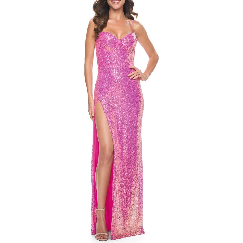 La Femme Bustier Sequin Neon Prom Dress With Lace Up Back in Purple | Lyst