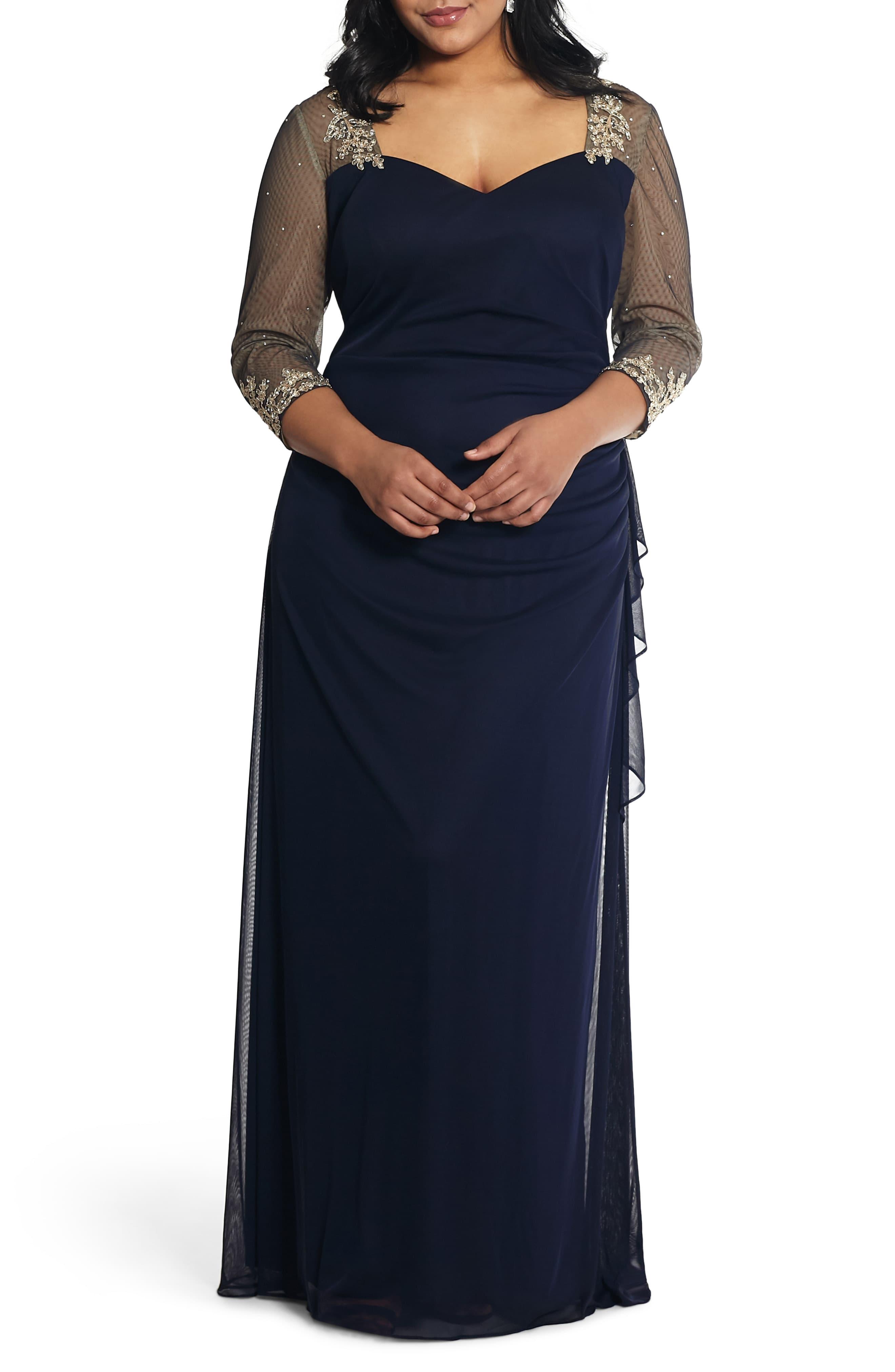 Xscape Synthetic Plus Size Embellished Illusion Gown in Navy/Gold (Blue ...