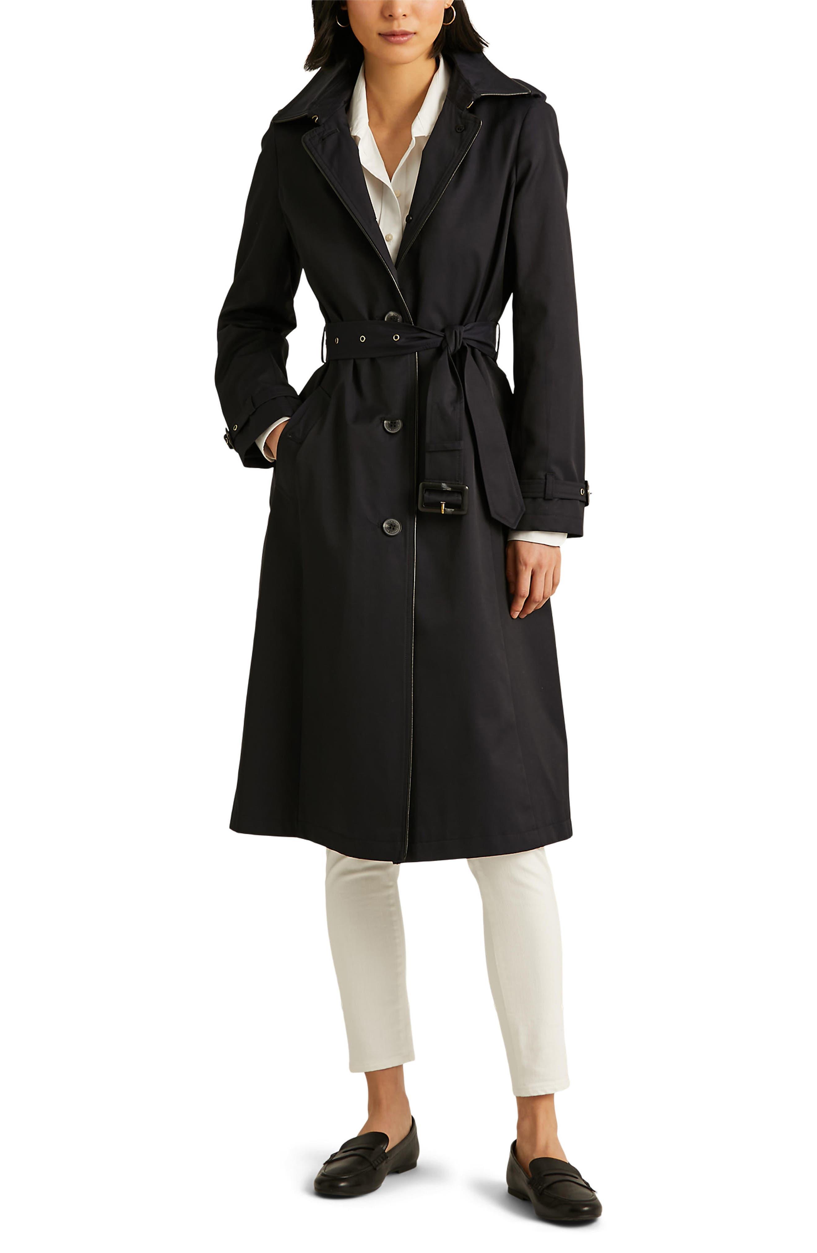 Lauren by Ralph Lauren Water Resistant Cotton Blend Trench Coat With  Removable Hood in Black | Lyst
