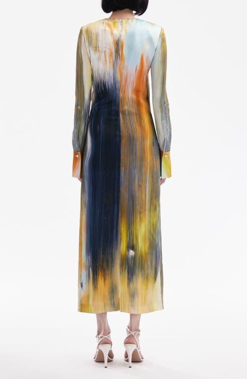 Oscar de la Renta Abstract Brushstroke Print Long Sleeve Midi