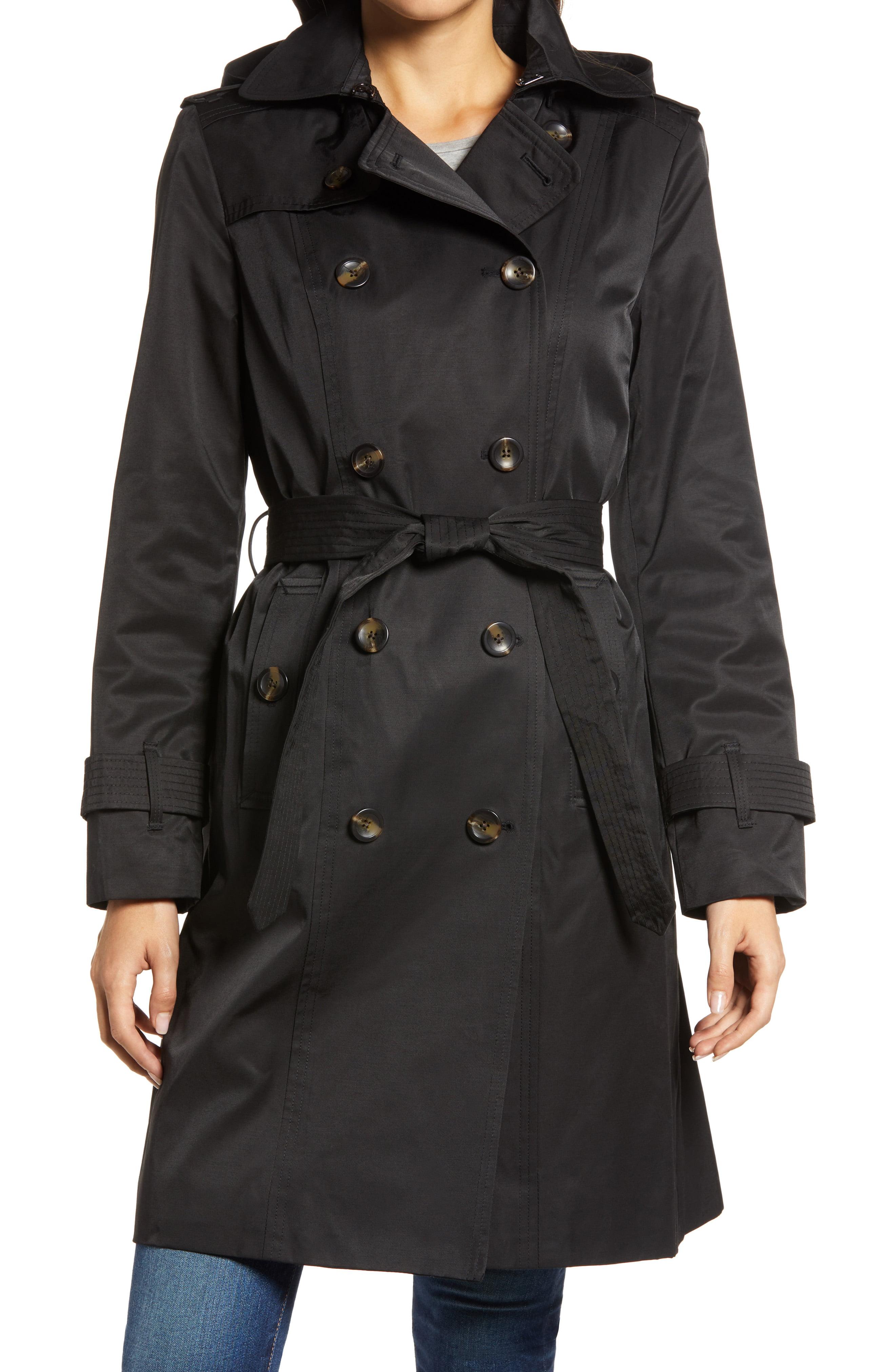 London Fog Double Breasted Trench Coat With Removable Hood in Black ...