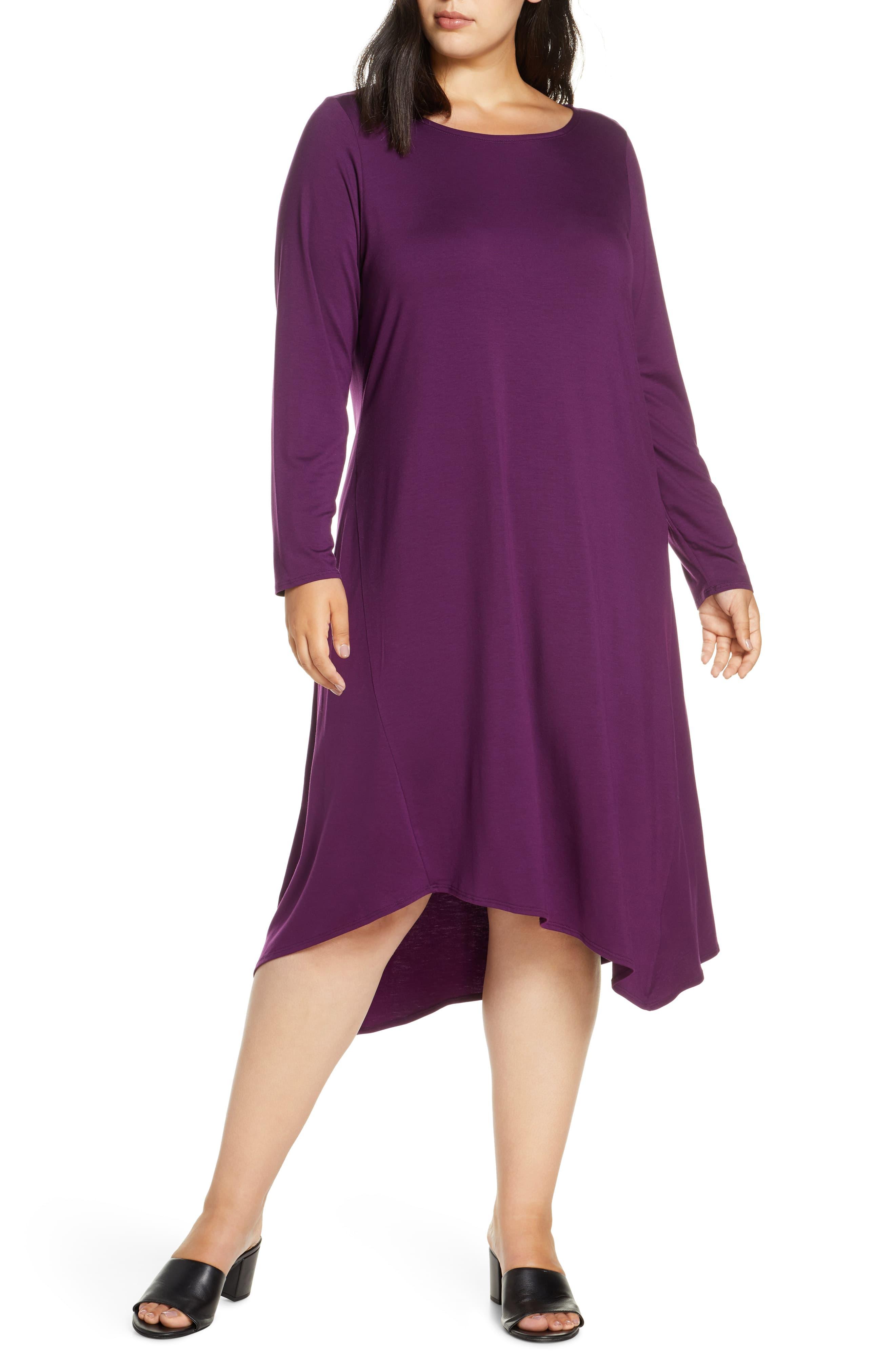 Eileen Fisher Lyocell Blend Long Sleeve Asymmetrical Dress in Purple - Lyst