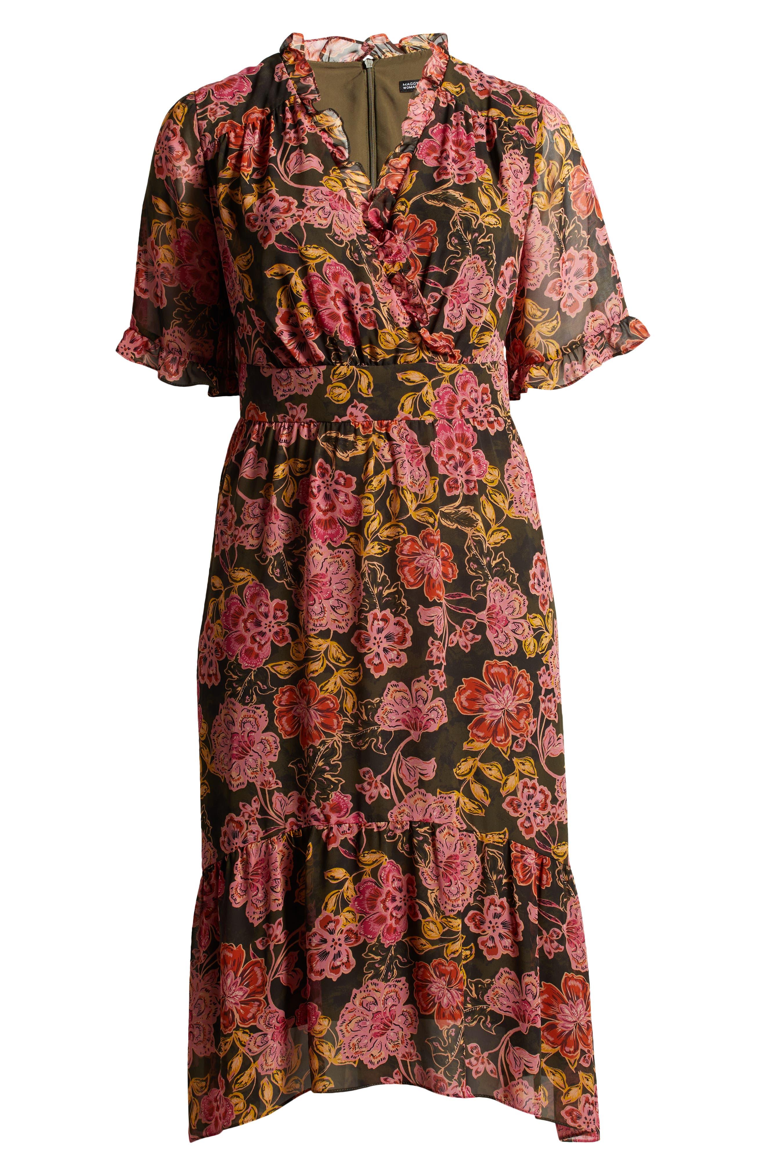 Maggy London Floral Ruffle Faux Wrap Midi Dress | Lyst
