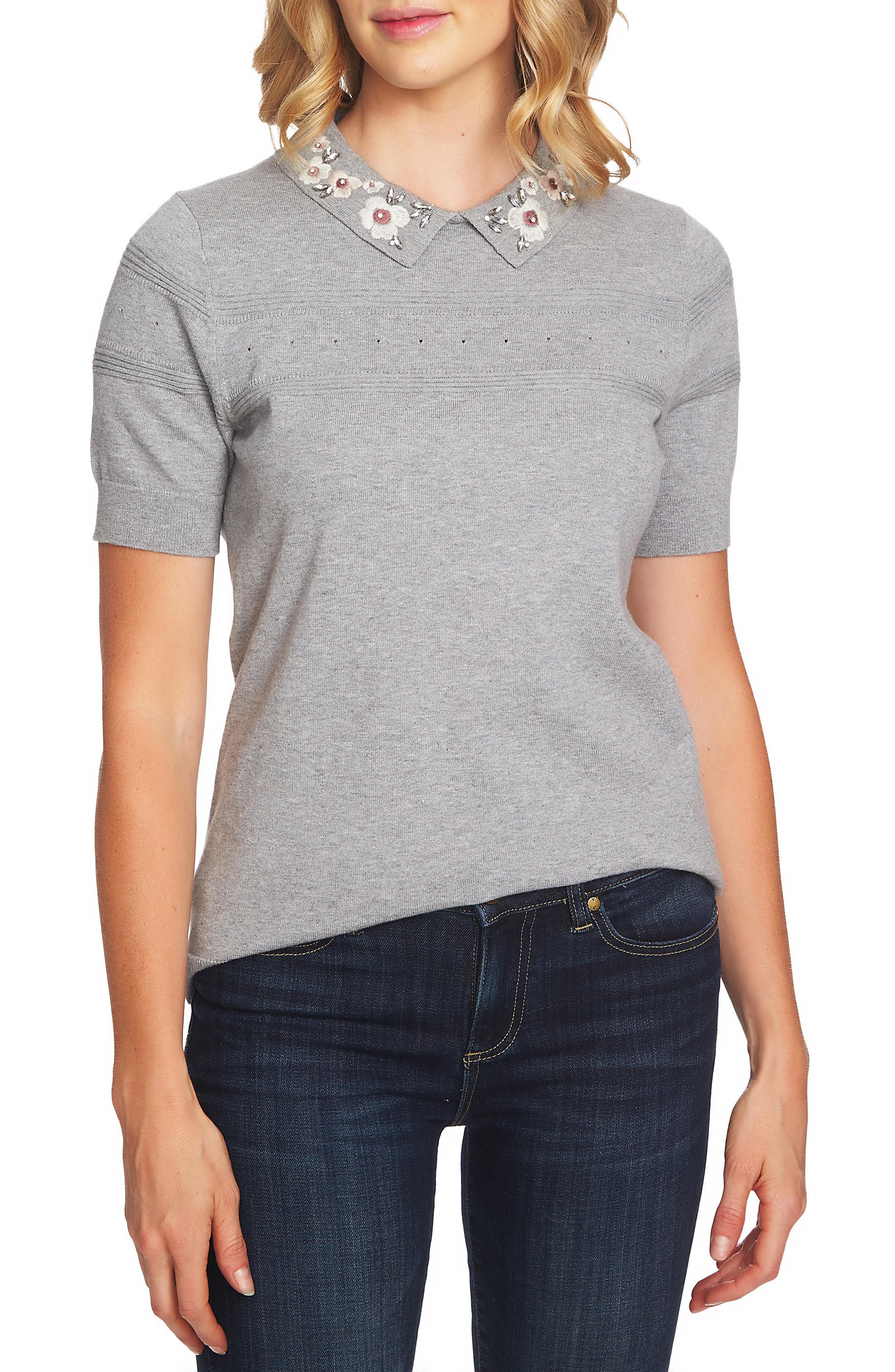 Cece Embellished Collar Short Sleeve Pointelle Sweater in Light Heather