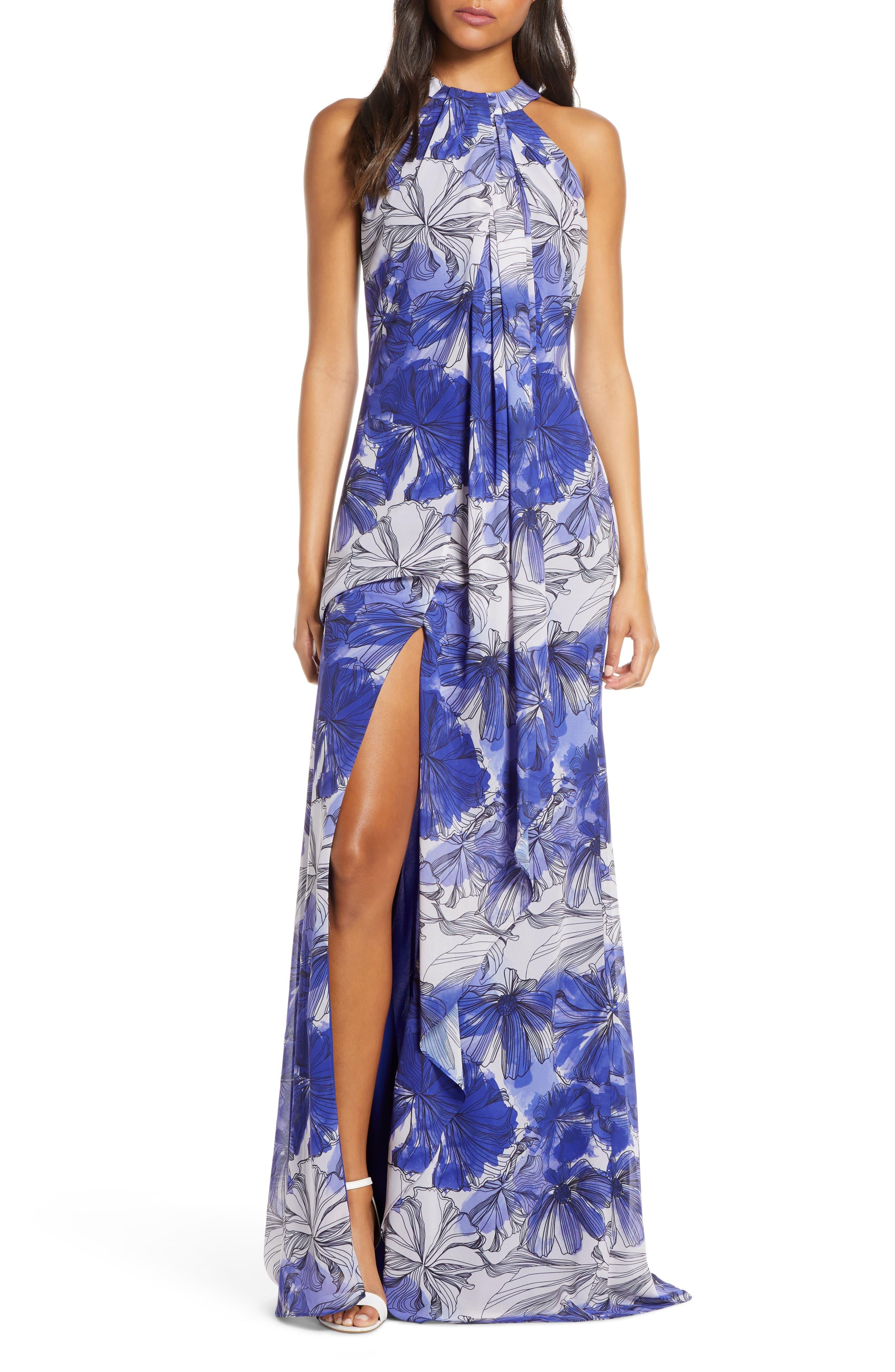 badgley mischka multi printed peach maxi