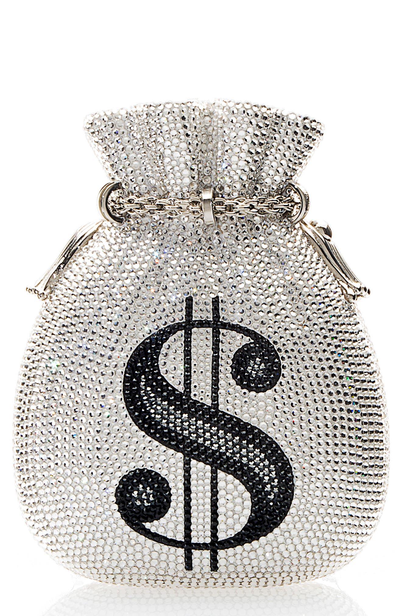 Judith Leiber Money Bags Crystal Embellished Pouch Bag in Gray | Lyst